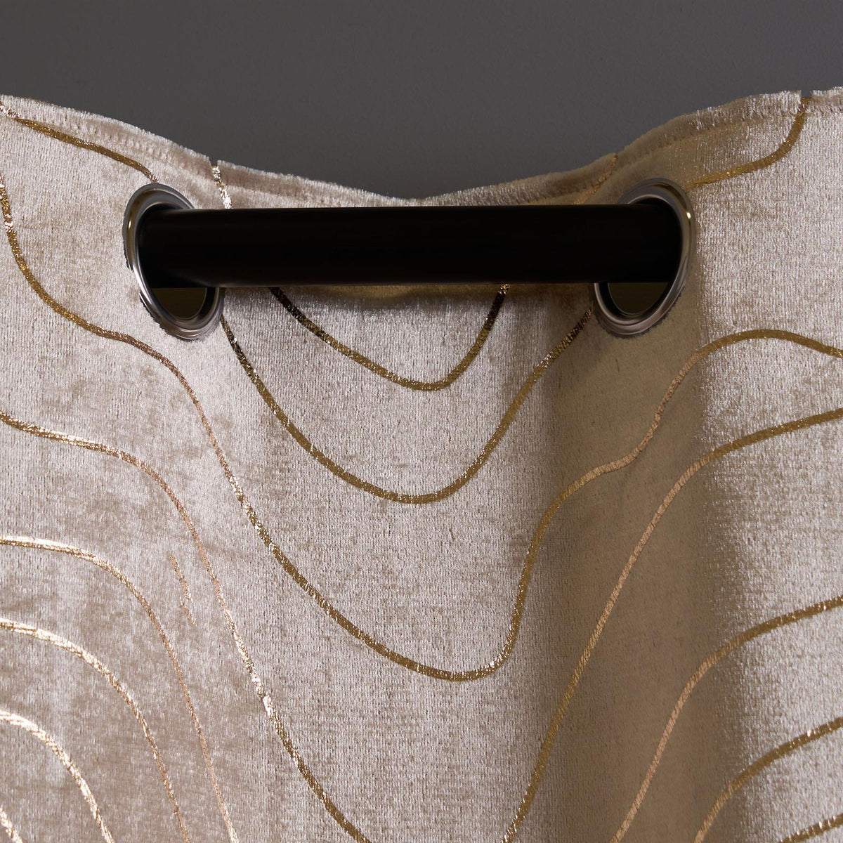 Velvet Eyelet Curtains Metallic Foil Wave Pair of Ring Top Thermal Ready Made