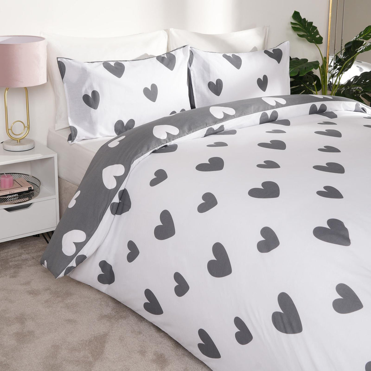 OHS Heart Print Duvet Cover with Pillowcase Quilt Reversible Bedding Set