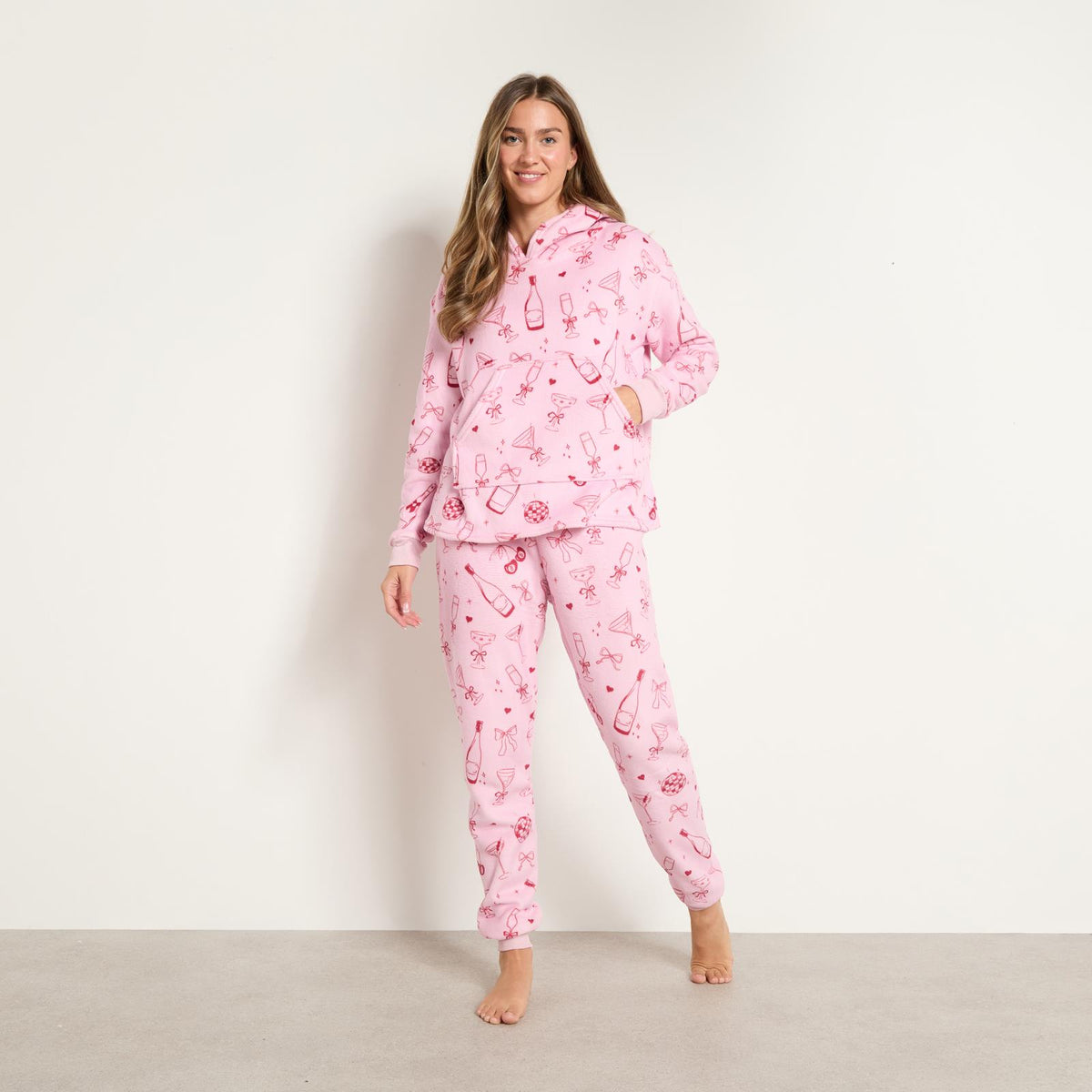 OHS Bow Print Loungewear Set Winter Sherpa Nightwear 2-Piece Hoodie Jogger Gift