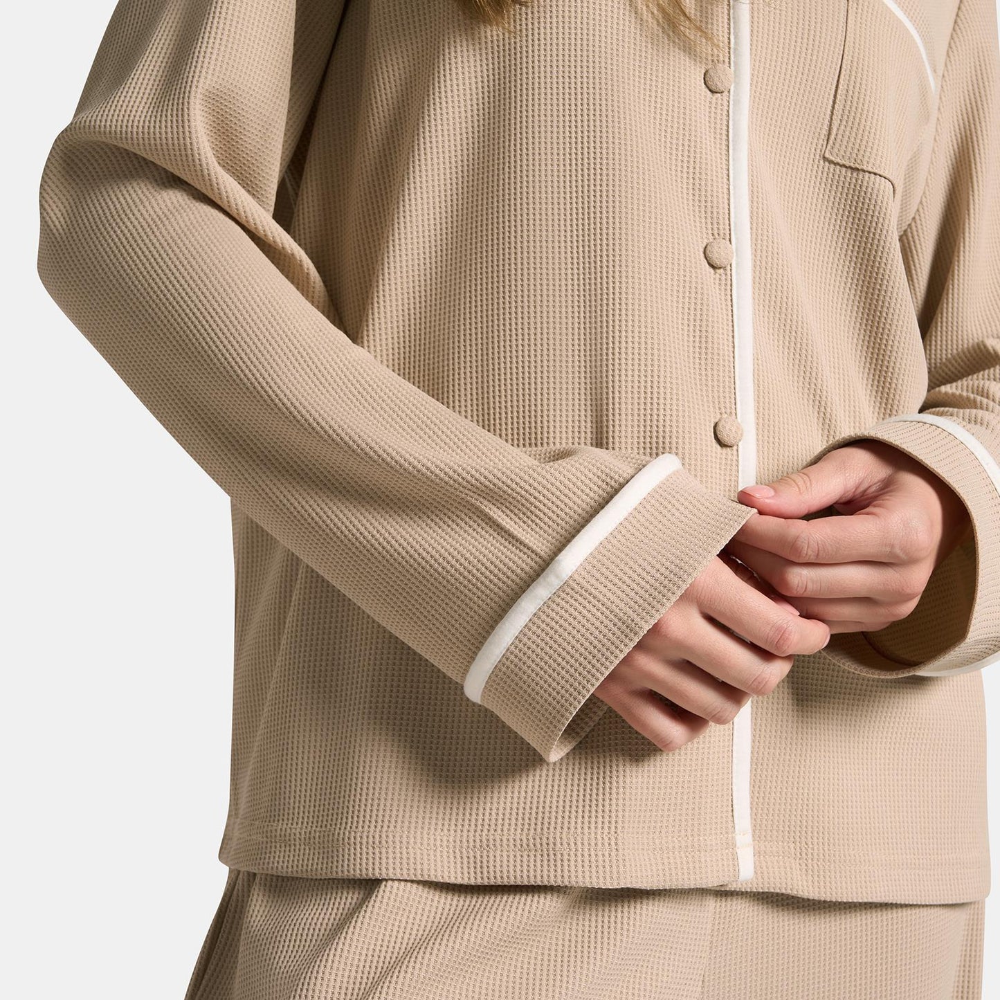 OHS Waffle Piped Pyjama Set Womens Button Through Sleepwear Nightwear Loungewear