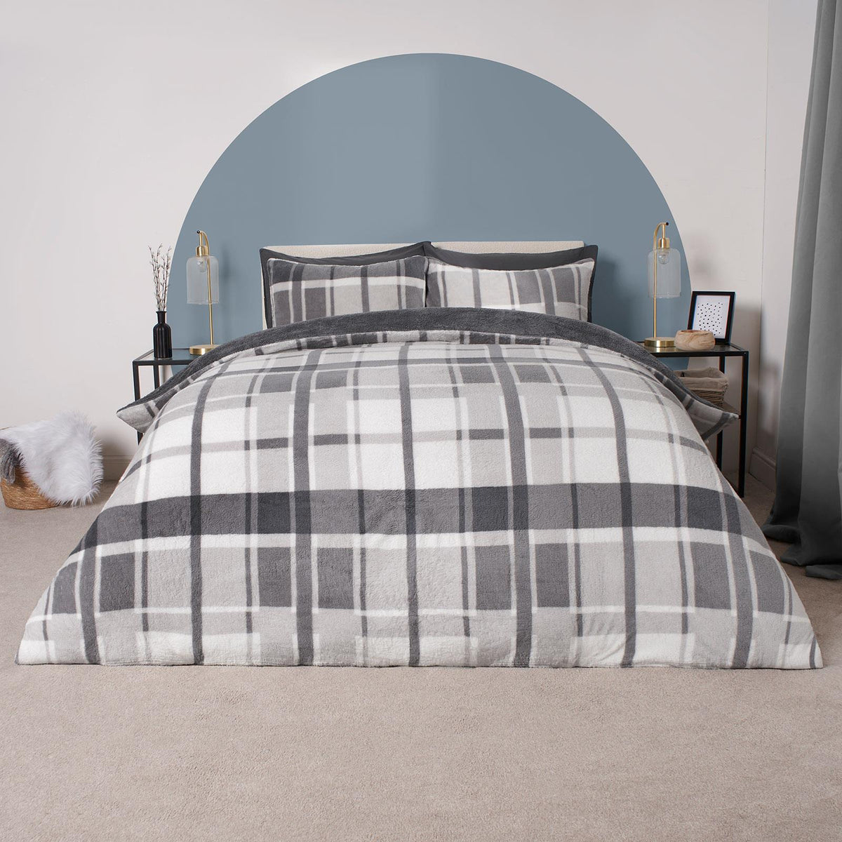 OHS Teddy Fleece Bedding Set Warm Winter Check Duvet Cover with Pillowcase