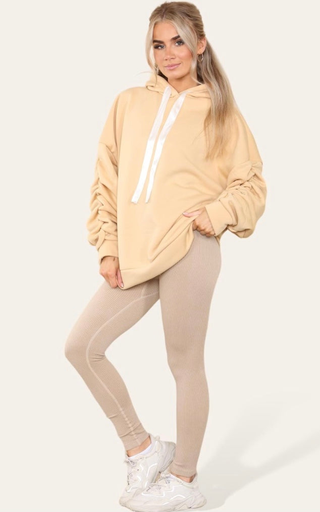 Women’s 2 Pcs Ruched Sleeve Hoodie Jumper With Silk Ribbon