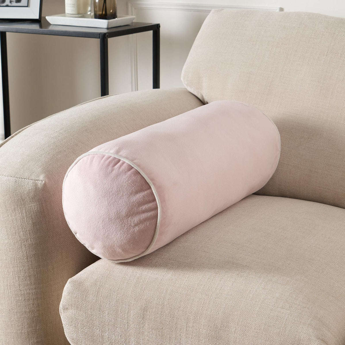 OHS Piped Edge Bolster Cushion Matte Velvet Bedroom Sofa Plump Filled Pillow