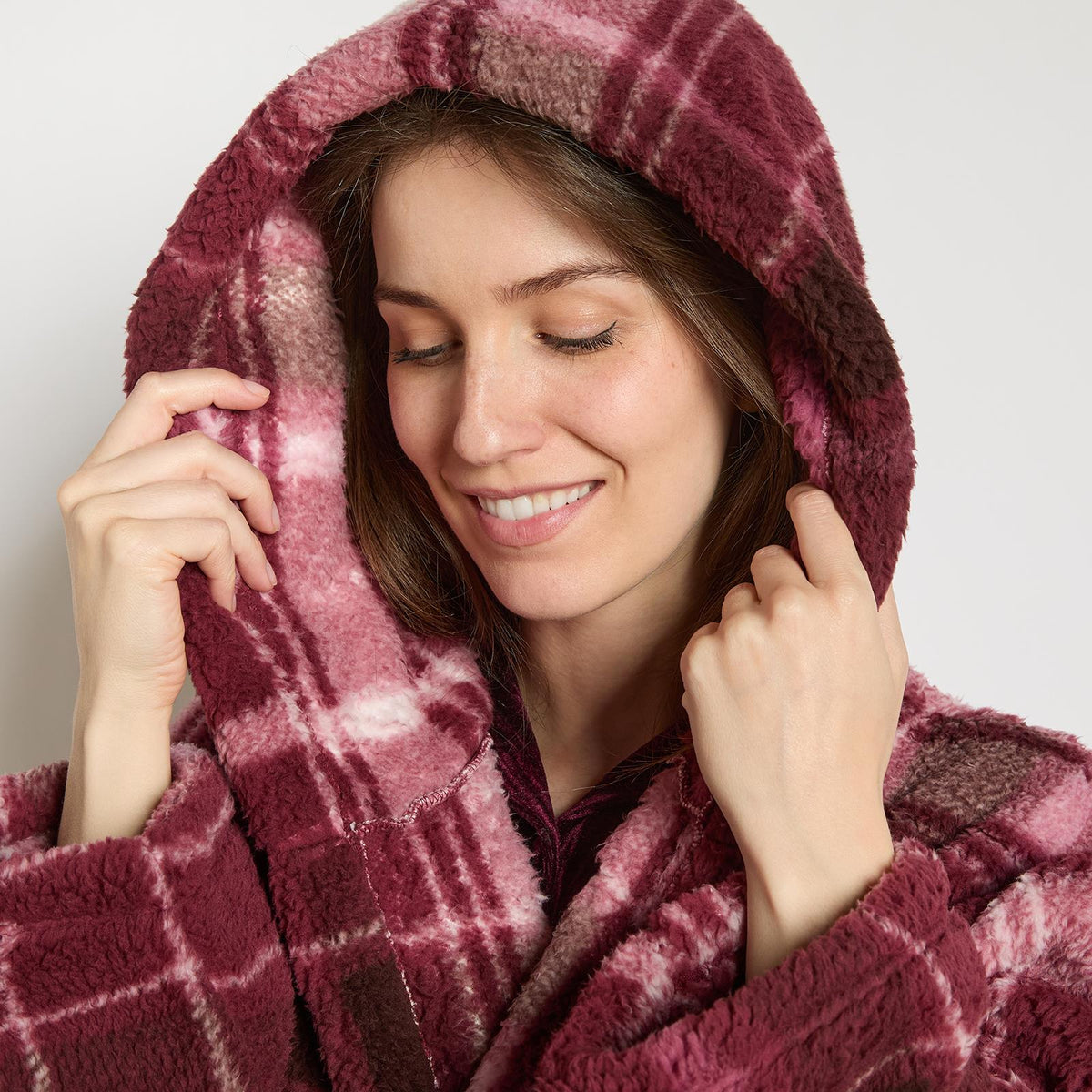 OHS Teddy Dressing Gown Tartan Check Soft Unisex Hooded Xmas Loungewear Robe