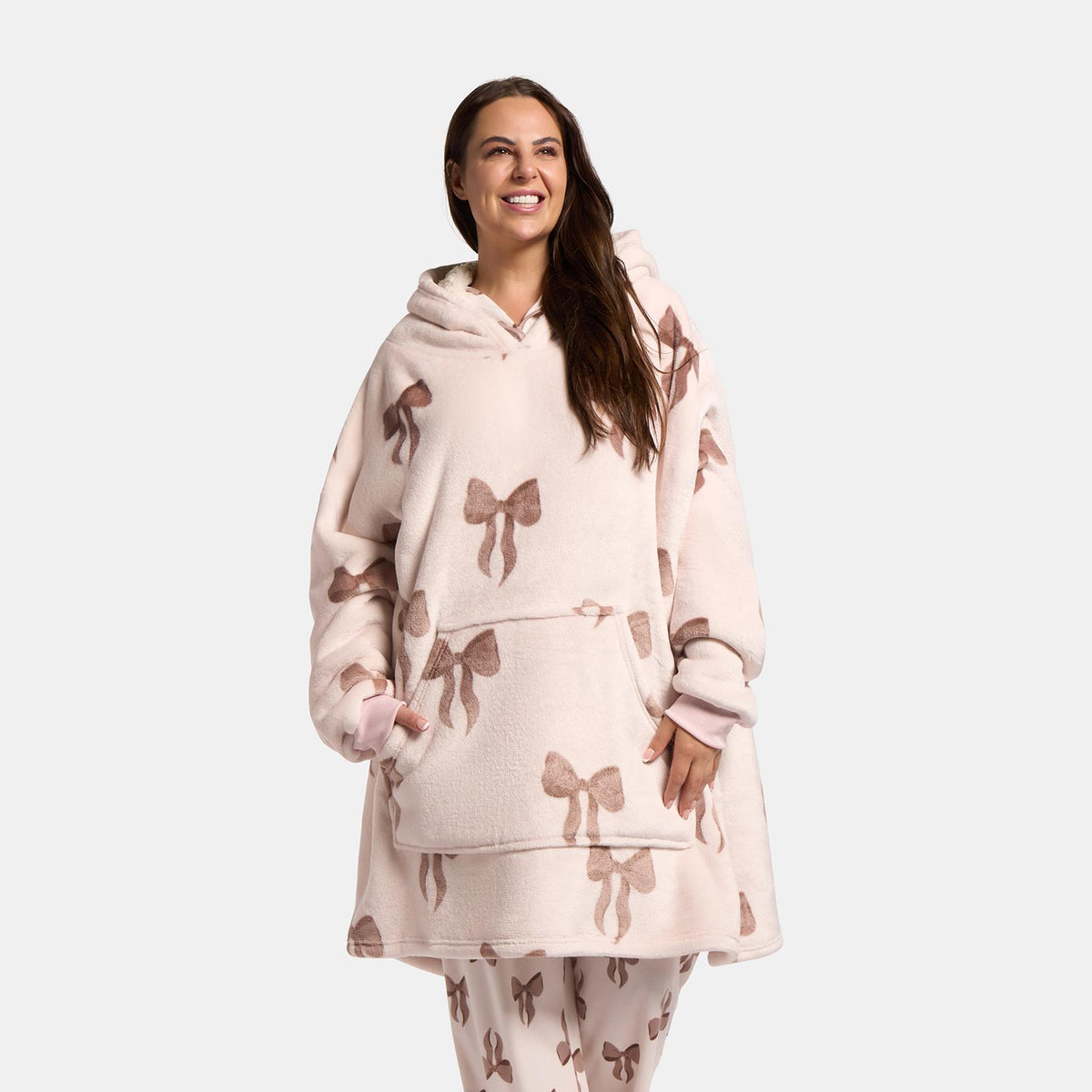 OHS Bows Print Hooded Blanket Adult Kids Sherpa Lined Winter Family Hoodie