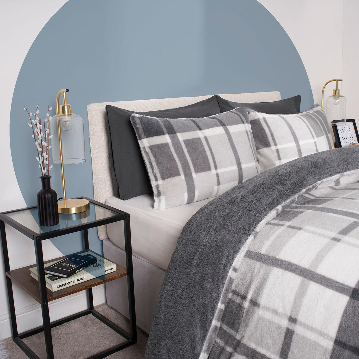 OHS Teddy Fleece Bedding Set Warm Winter Check Duvet Cover with Pillowcase