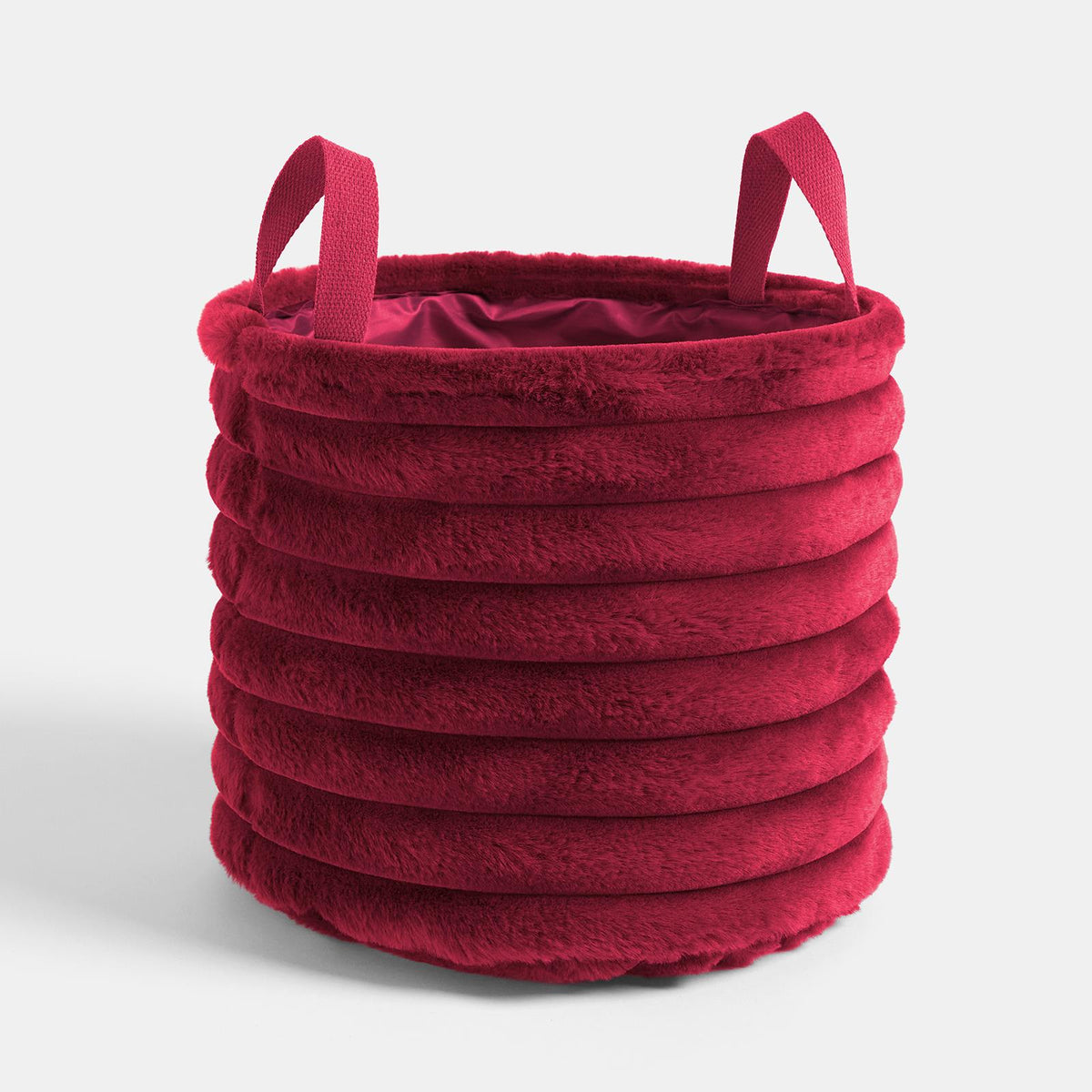 OHS Ribbed Storage Basket with Handles Faux Fur Compact Bucket Organiser