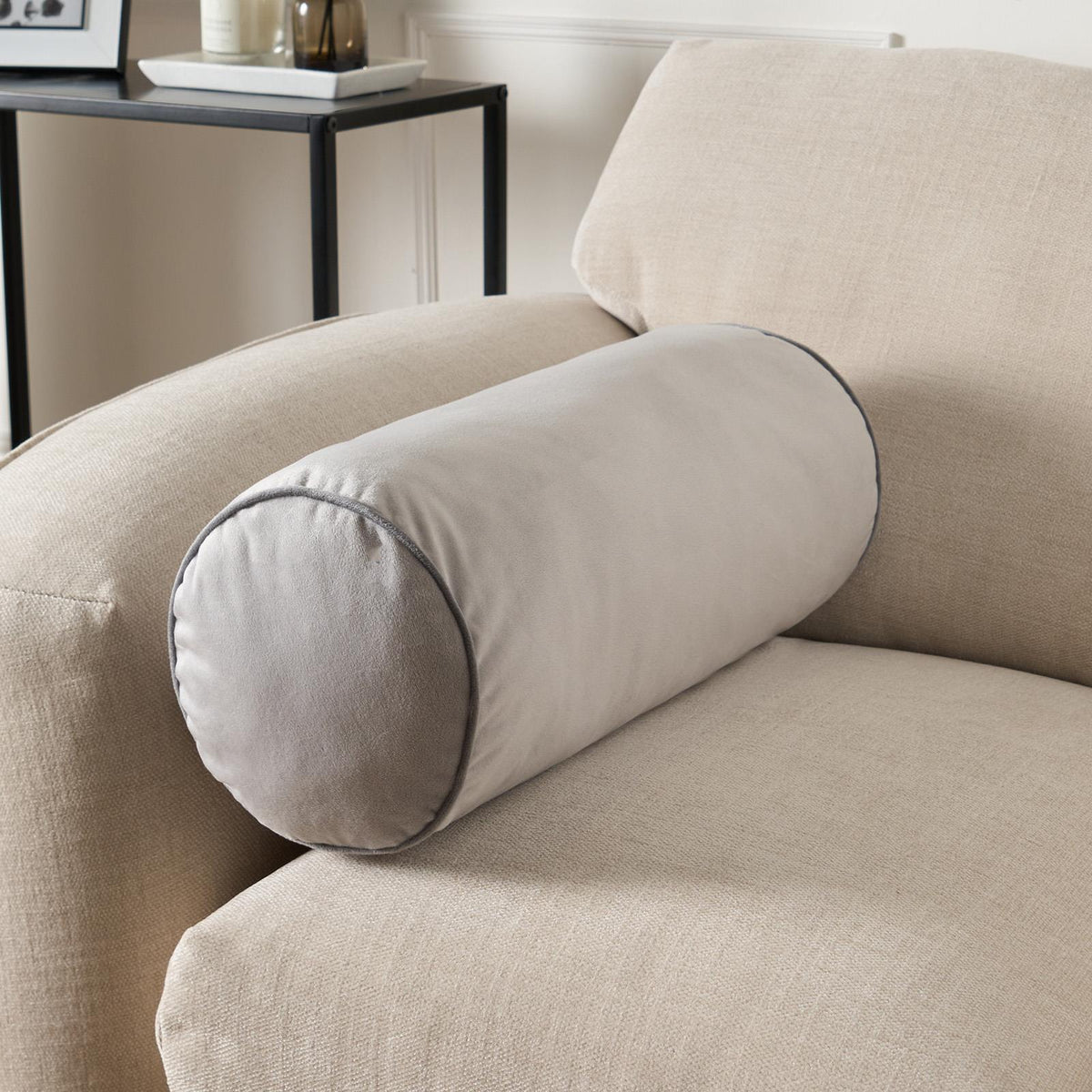 OHS Piped Edge Bolster Cushion Matte Velvet Bedroom Sofa Plump Filled Pillow