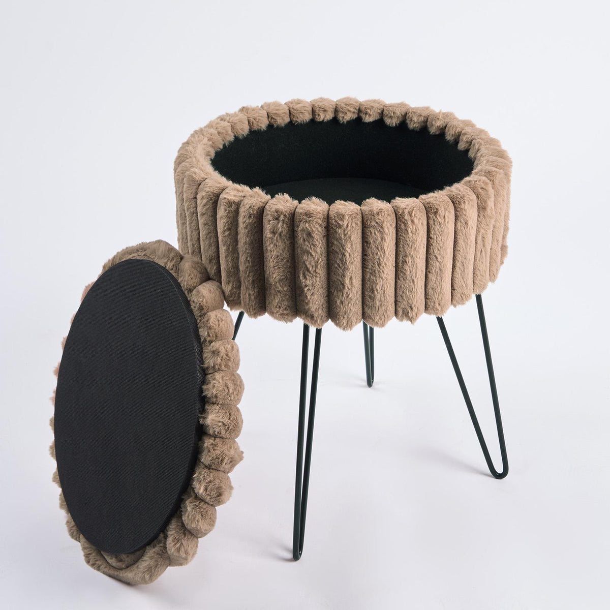 OHS Faux Fur Stool Hairpin Ribbed Fleece Round Vanity Seat Foot Rest Chair
