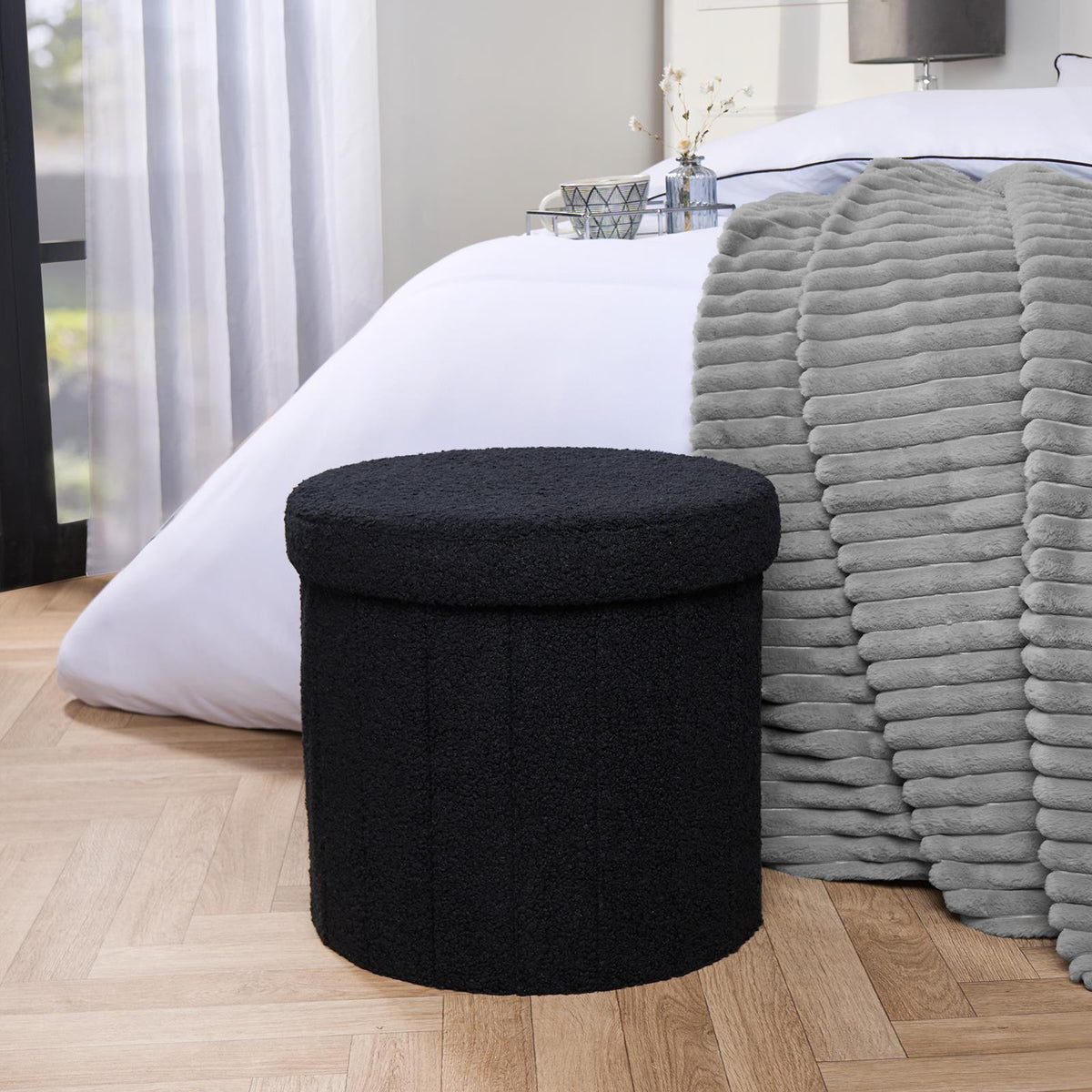 OHS Ottoman Boucle Storage Box Folding Footstool Cube Round Rectangle