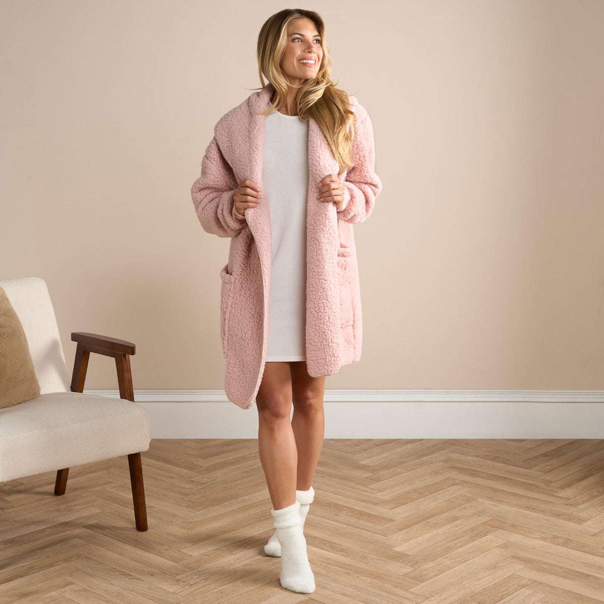 OHS Waterfall Cardigan Warm Teddy Fleece Open Front Wrap Loungewear Outwear