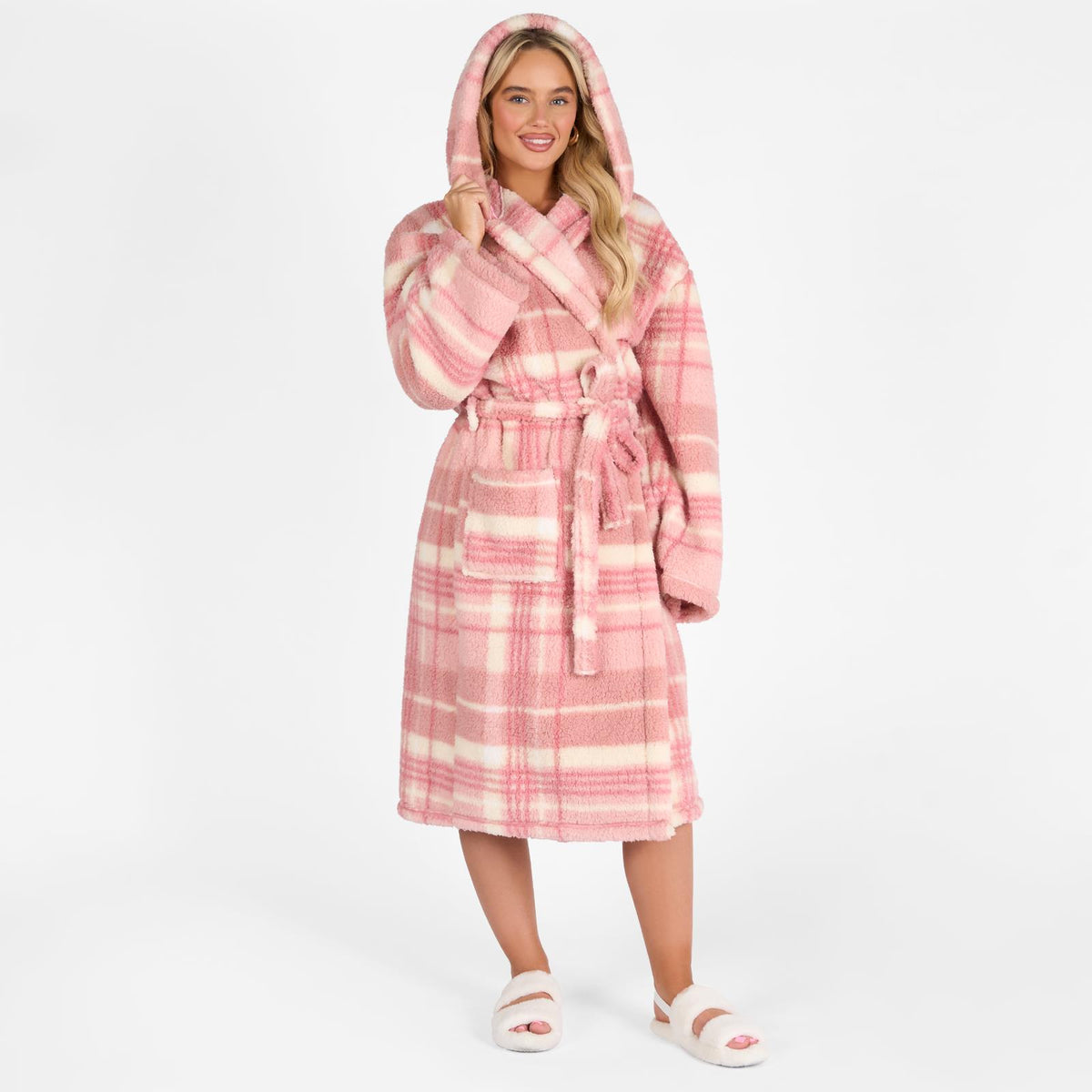 OHS Teddy Dressing Gown Tartan Check Soft Unisex Hooded Xmas Loungewear Robe