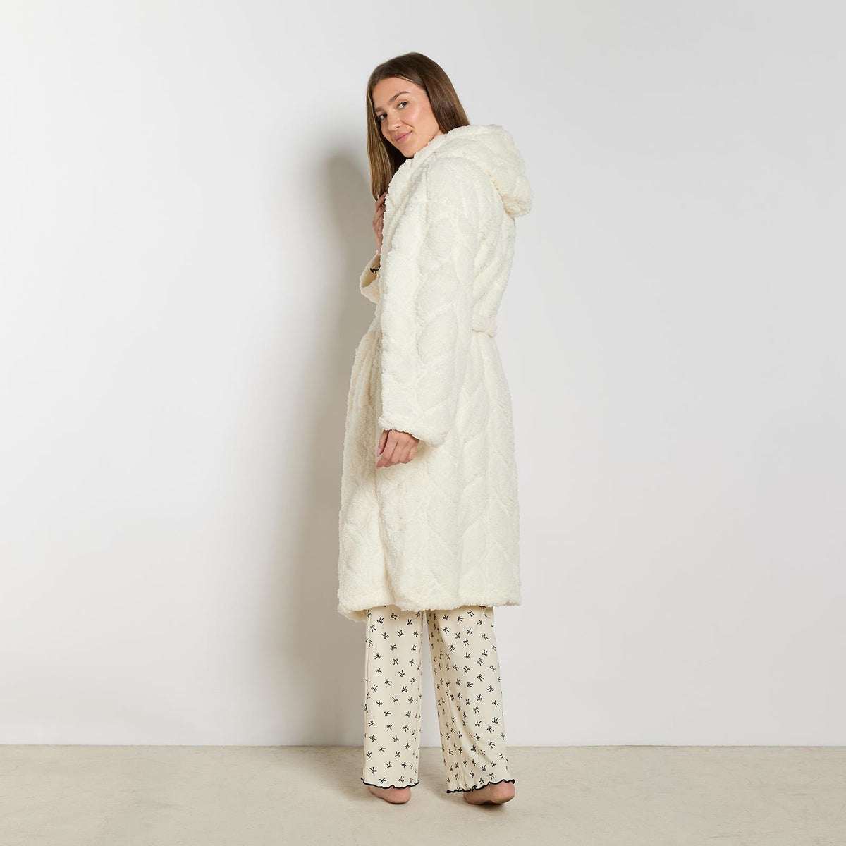 OHS Braided Fleece Dressing Gown Robe Womens Supersoft Hooded PJ Loungewear