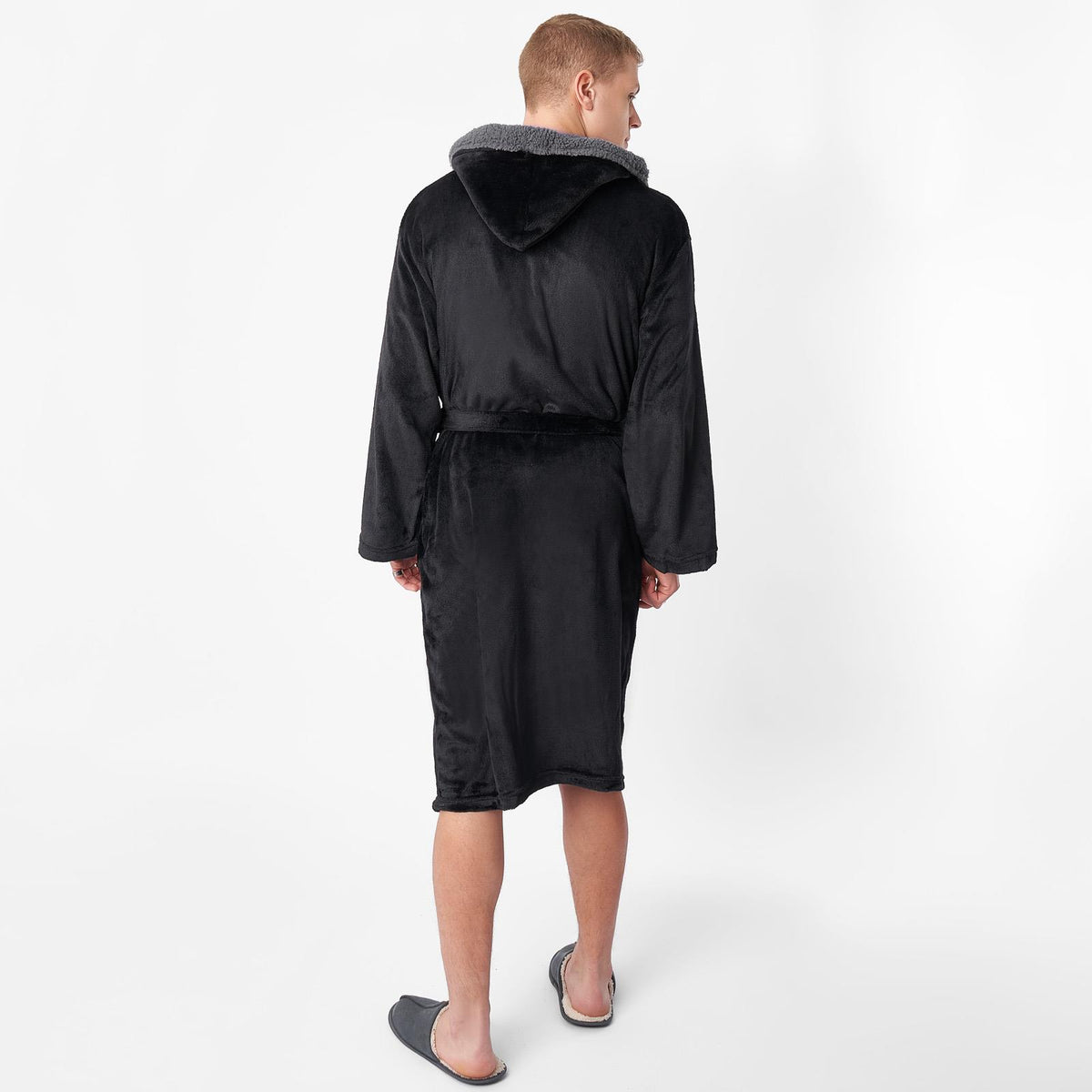 OHS Mens Dressing Gown Long Hooded Soft Flannel Fleece Sherpa Bathrobe Lounge