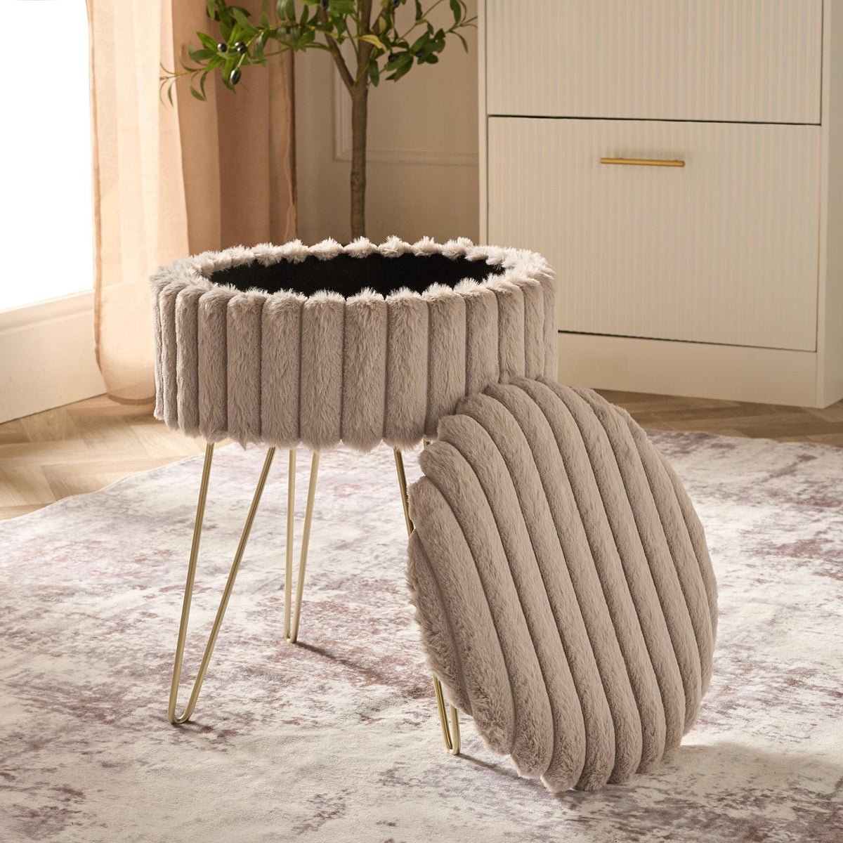 OHS Faux Fur Stool Hairpin Ribbed Fleece Round Vanity Seat Foot Rest Chair