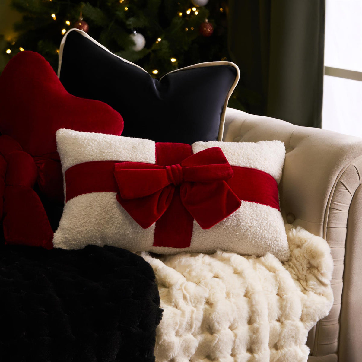 OHS Bow Wrapped Cushion Boucle Gift Decorative Novelty Filled Scatter Pillow