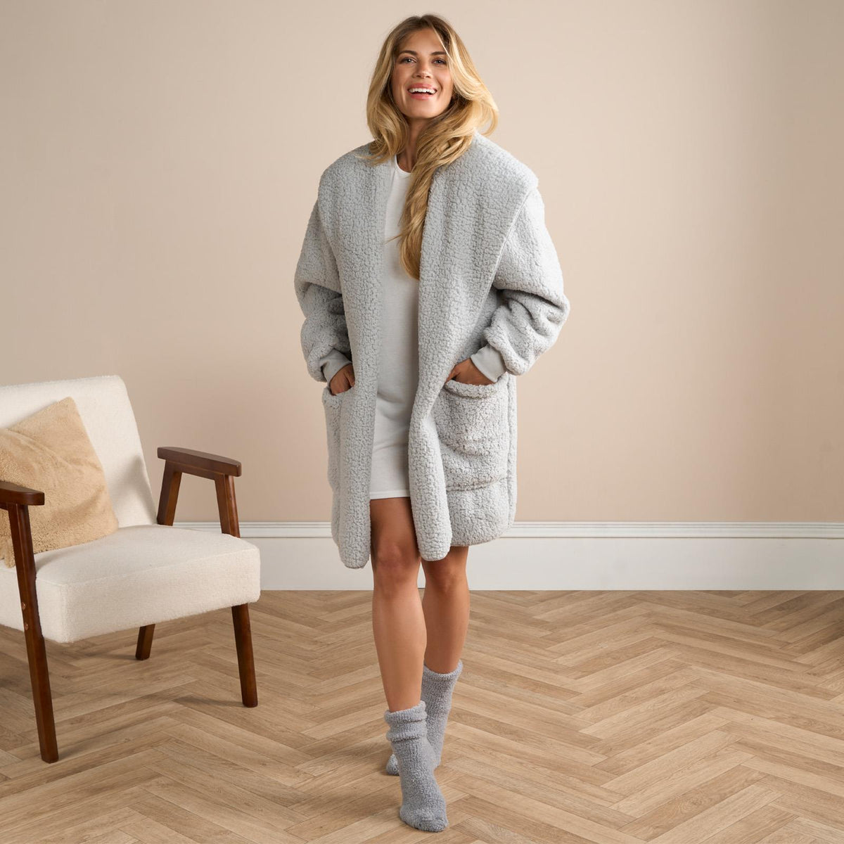 OHS Waterfall Cardigan Warm Teddy Fleece Open Front Wrap Loungewear Outwear