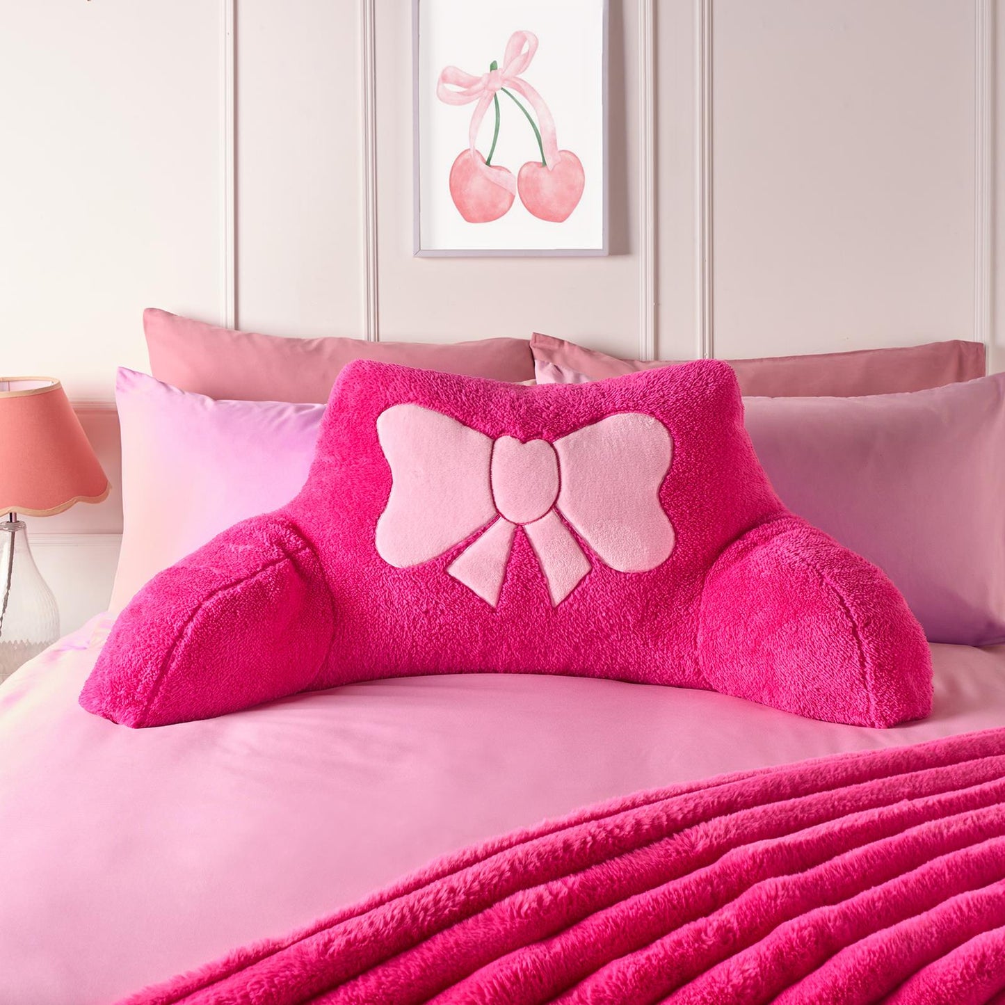 OHS Embroidered Bow Cuddle Cushion Teddy Fleece Reading Pillow with Arms
