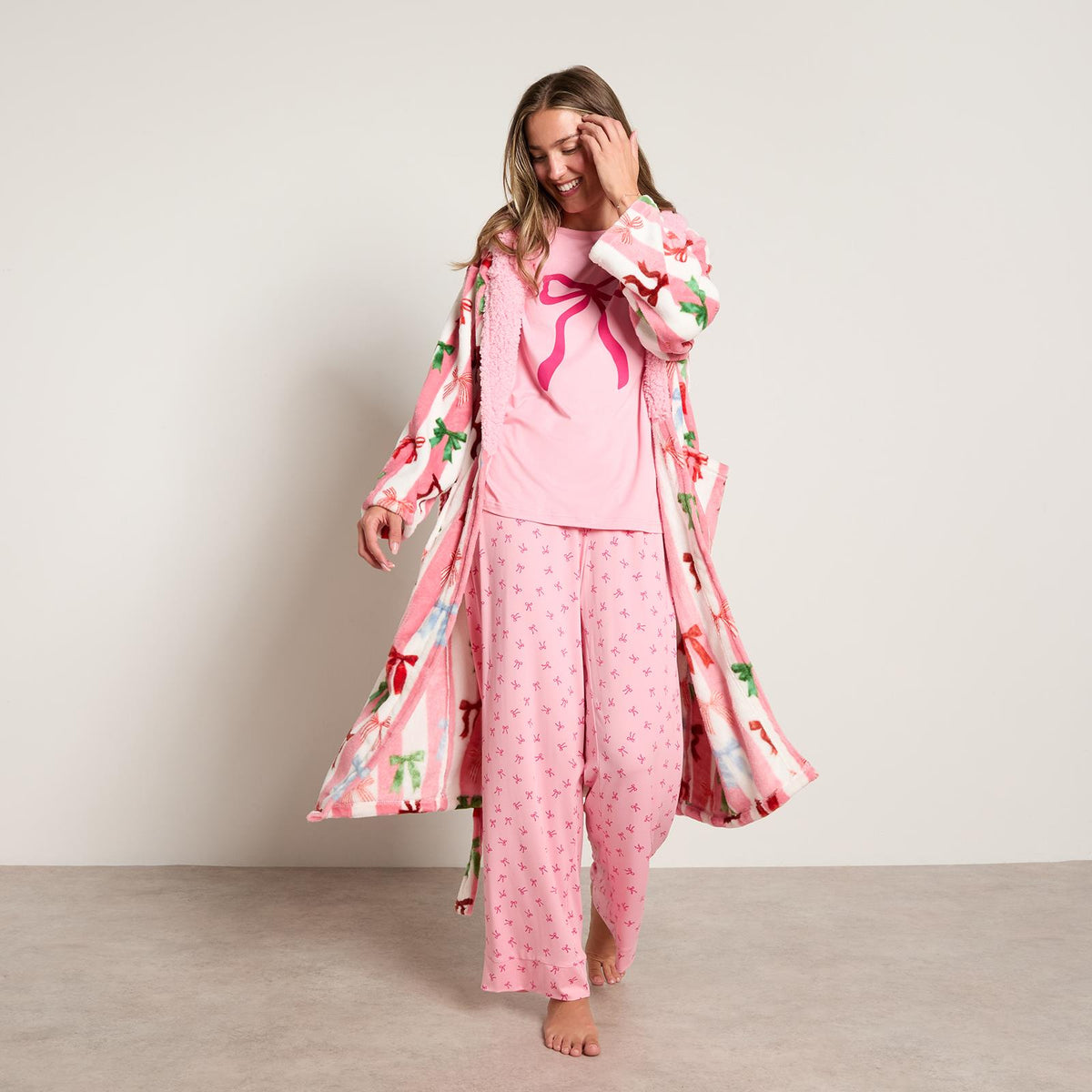 OHS Stripe Dressing Gown Flannel Fleece Robe Thermal Bathrobe Sherpa Lined