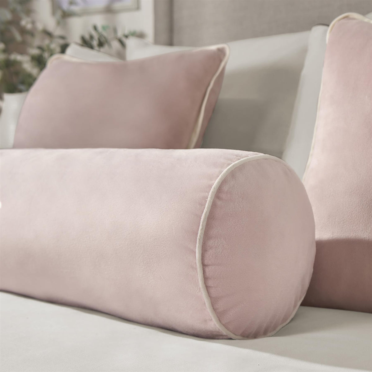 OHS Piped Edge Bolster Cushion Matte Velvet Bedroom Sofa Plump Filled Pillow