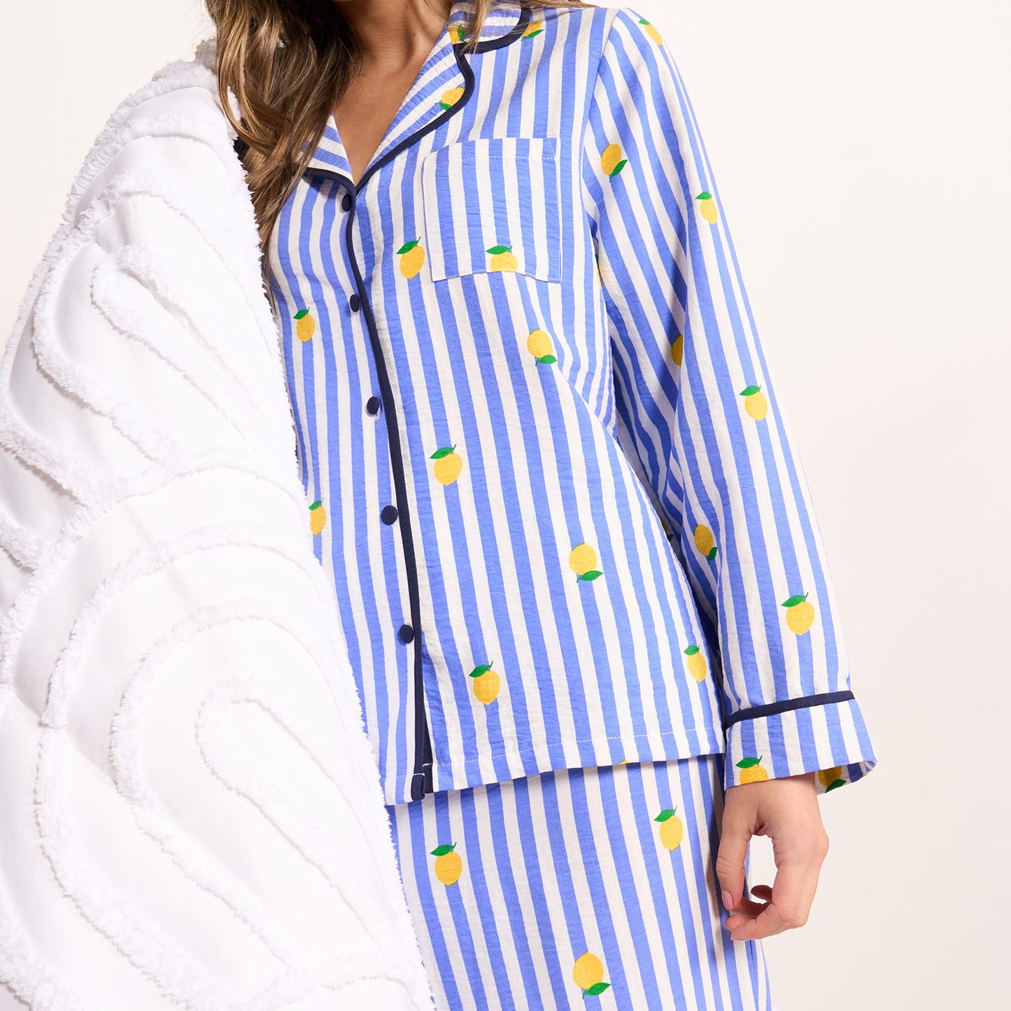 OHS Stripe Pyjama Set Womens Seersucker Button Through Soft Nightwear Loungewear