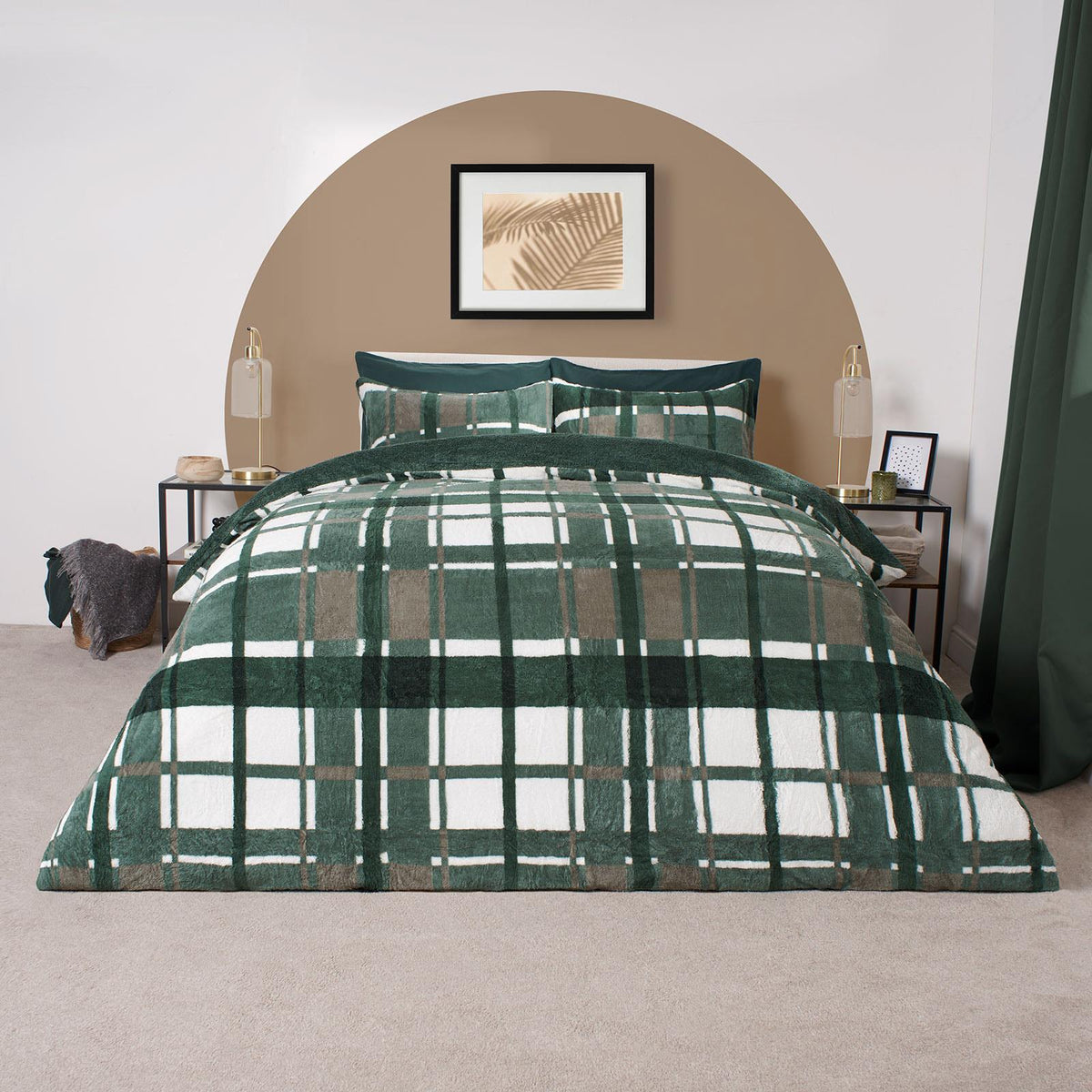 OHS Teddy Fleece Bedding Set Warm Winter Check Duvet Cover with Pillowcase