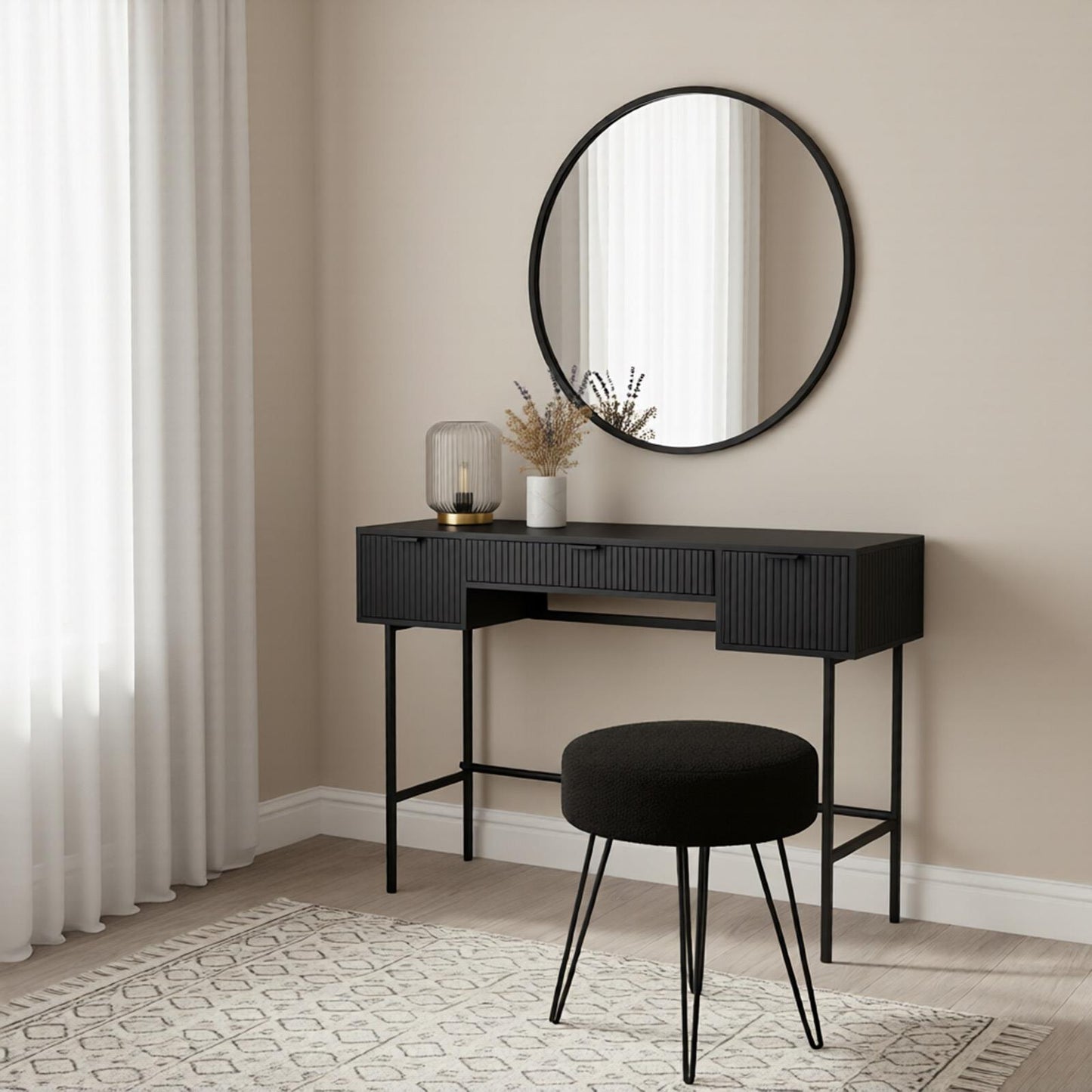 OHS Ribbed Dressing Table Engineered Wood Makeup Vanity Desk with 3 Drawers