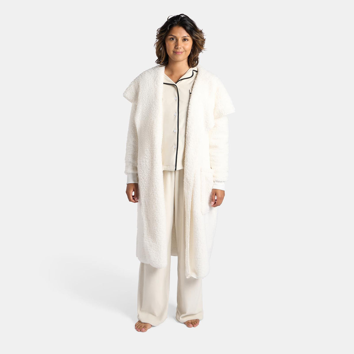 OHS Waterfall Long Cardigan Warm Teddy Fleece Open Front Wrap Loungewear Outwear