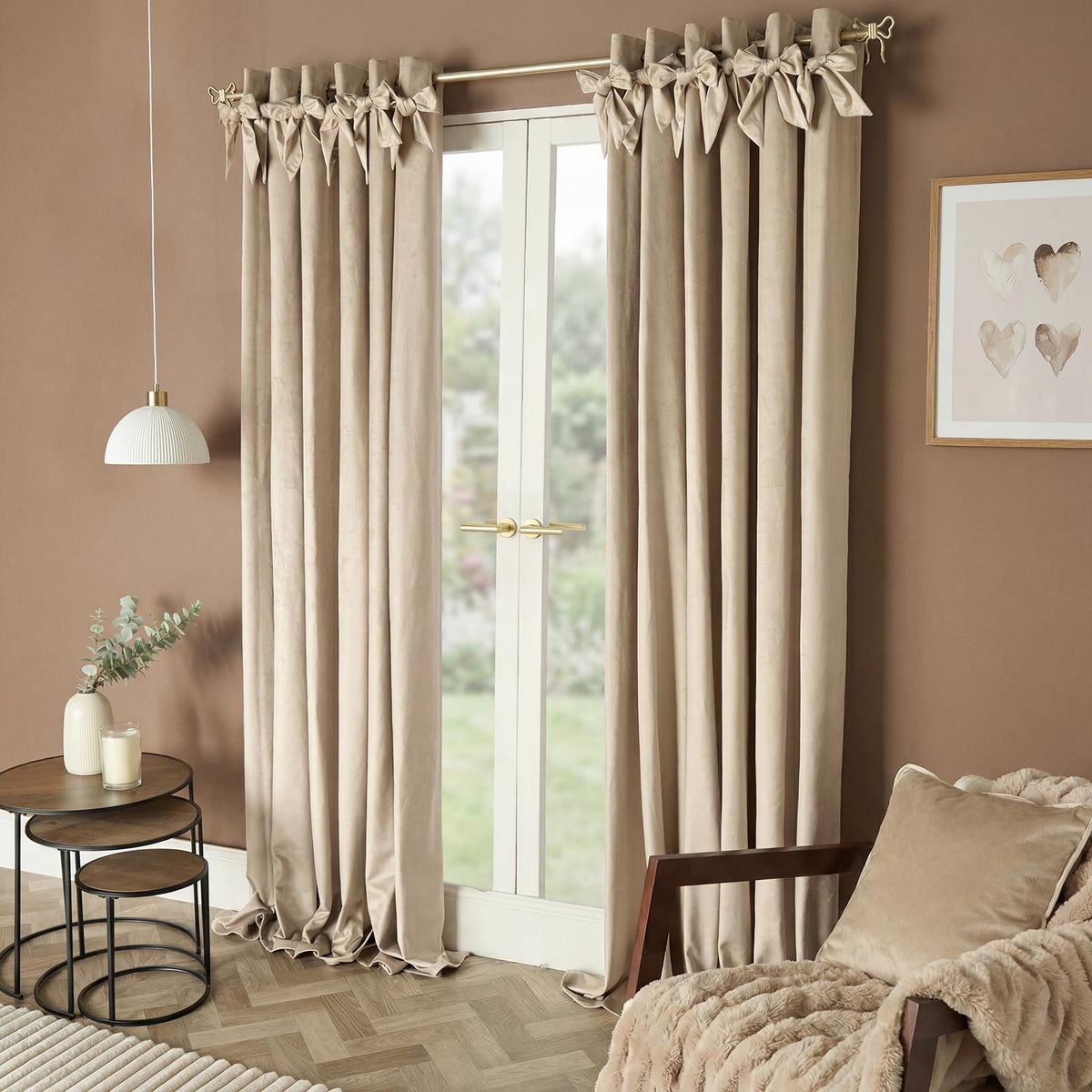 OHS Velvet Eyelet Curtains Bow Decor 2 Pair Of Ready Made Luxury Thick Ring Top