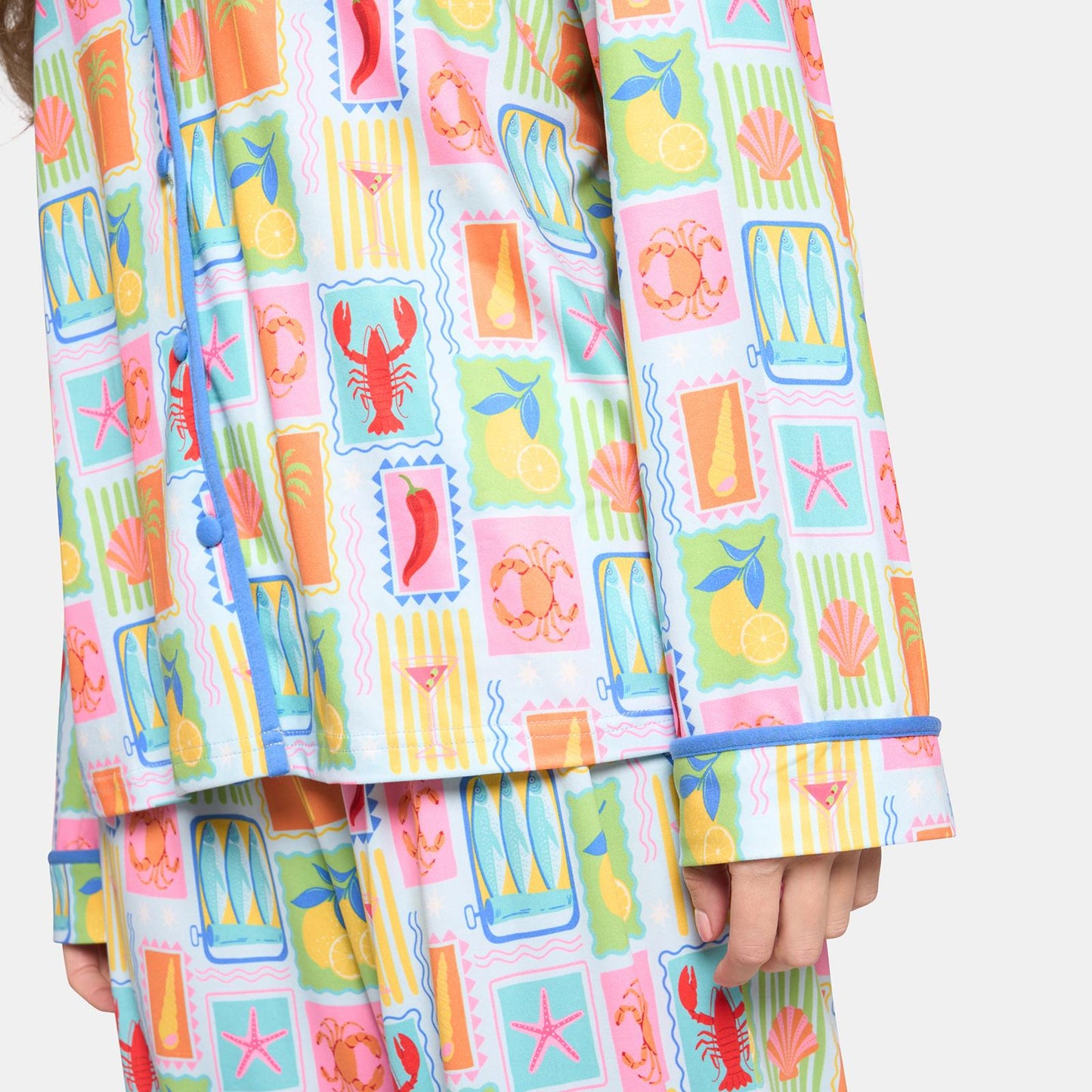 OHS Postcards Print Pyjama Set Womens Jersey Button Through Nightwear Loungewear