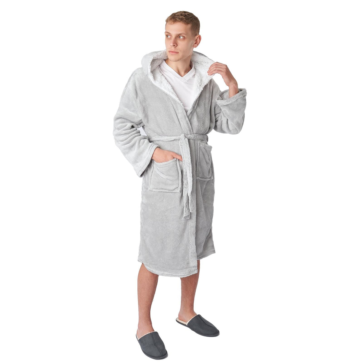 OHS Mens Dressing Gown Long Hooded Soft Flannel Fleece Sherpa Bathrobe Lounge