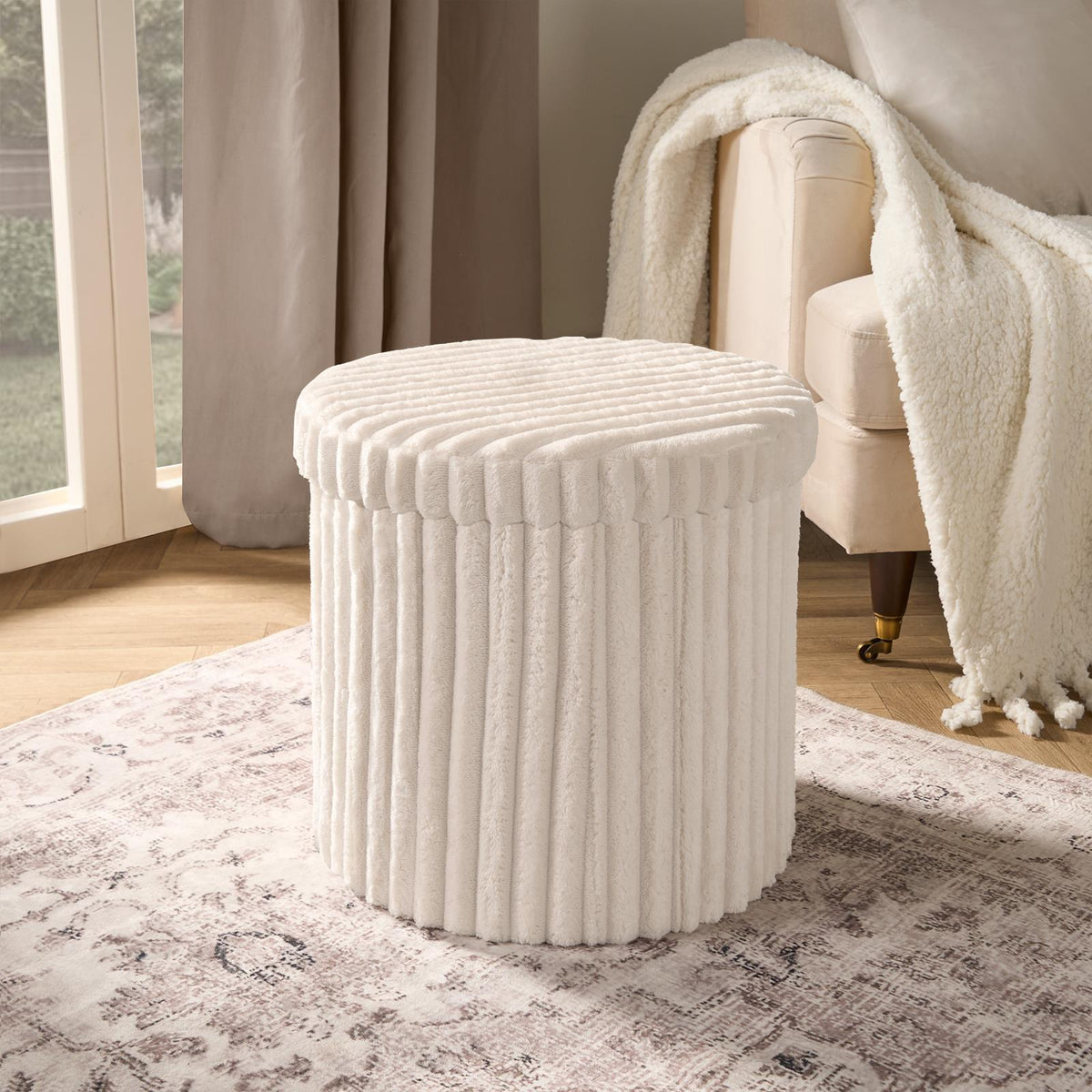 OHS Storage Box Lid Ottoman Folding Ribbed Fleece Footstool Tub Seat