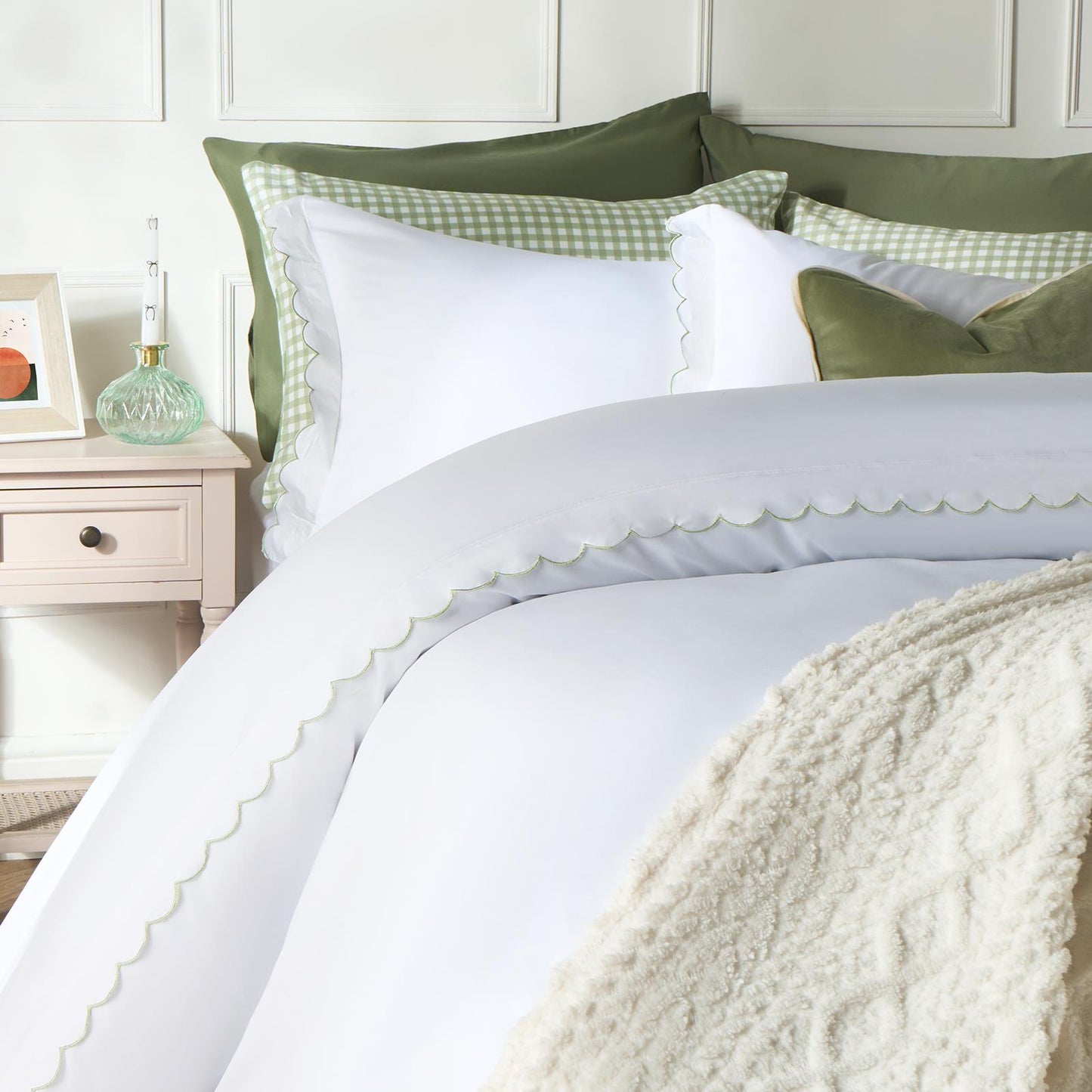 OHS Scallop Edge Bedding Set Microfibre Contrast Duvet Cover with Pillowcase