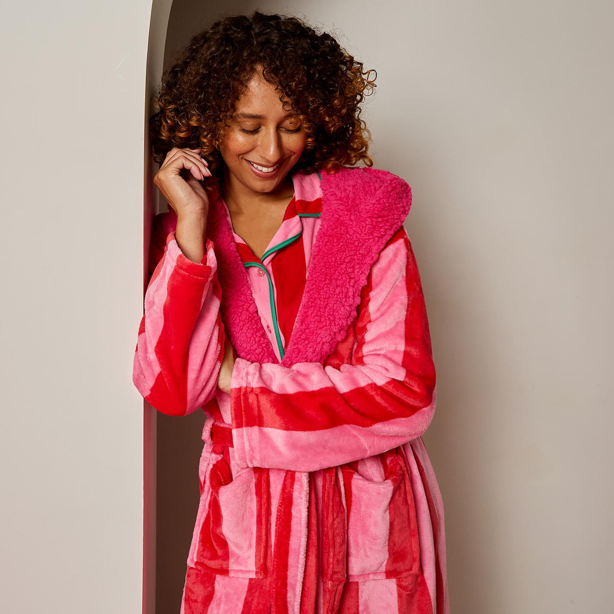 OHS Stripe Dressing Gown Flannel Fleece Robe Thermal Bathrobe Sherpa Lined