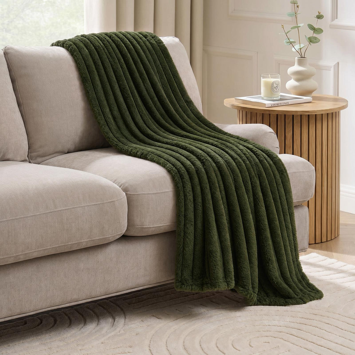 OHS Faux Fur Ribbed Fleece Throw Over Bed Blanket Warm Supersoft