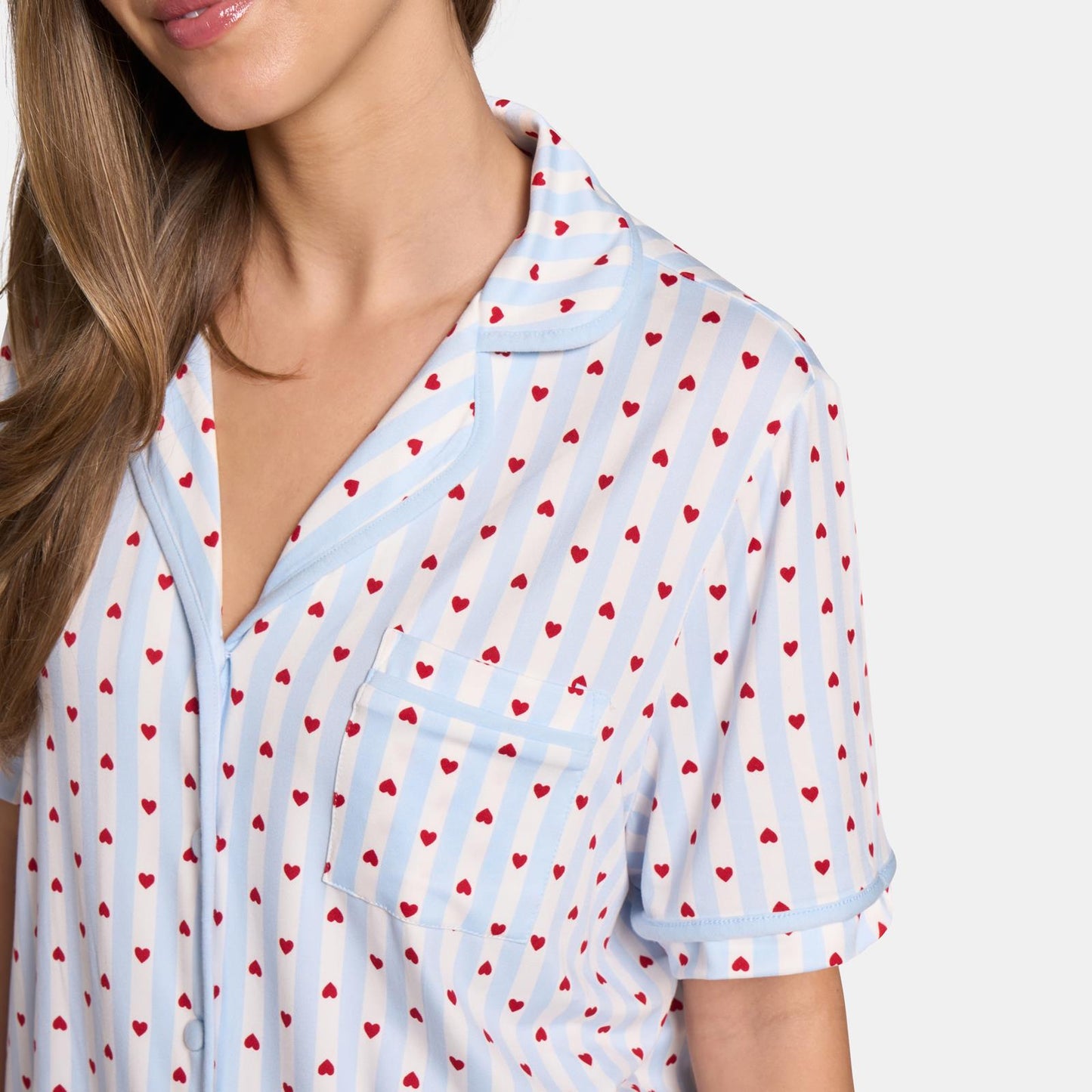 OHS Hearts Short Pyjama Set Womens Jersey Button Through Nightwear Loungewear