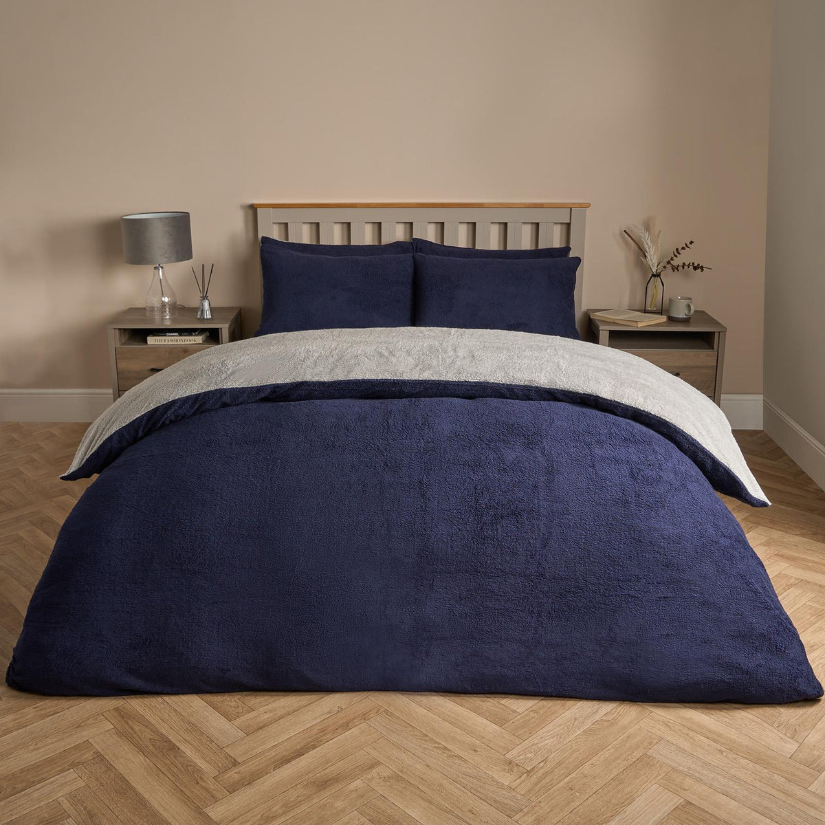 OHS Reversible Teddy Fleece Duvet Cover with Pillowcase Bedding Set Grey