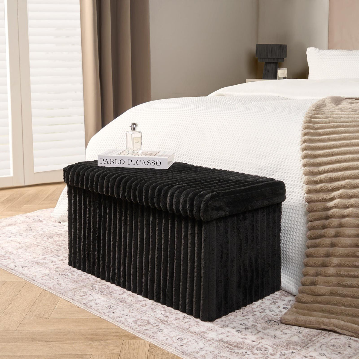 OHS Storage Box Lid Ottoman Folding Ribbed Fleece Footstool Tub Seat