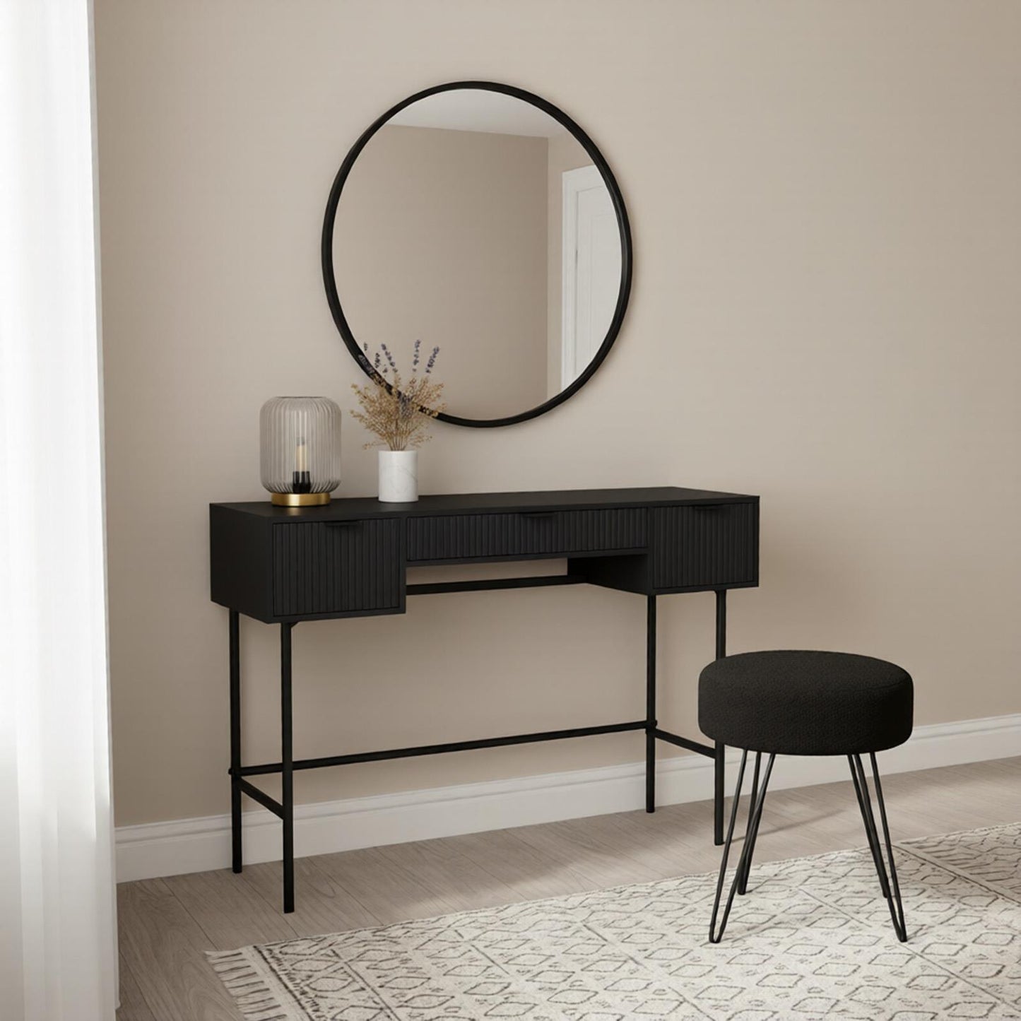 OHS Ribbed Dressing Table Engineered Wood Makeup Vanity Desk with 3 Drawers