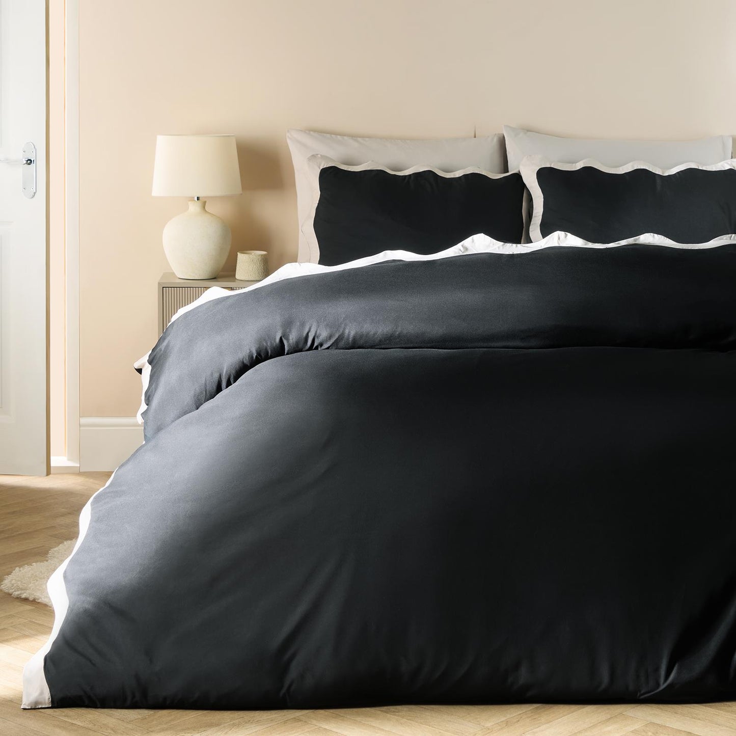 OHS Wavy Edge Bedding Set Microfibre Contrast Duvet Cover with Pillowcase