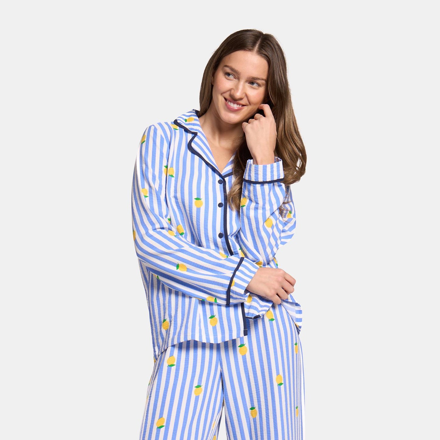 OHS Stripe Pyjama Set Womens Seersucker Button Through Soft Nightwear Loungewear