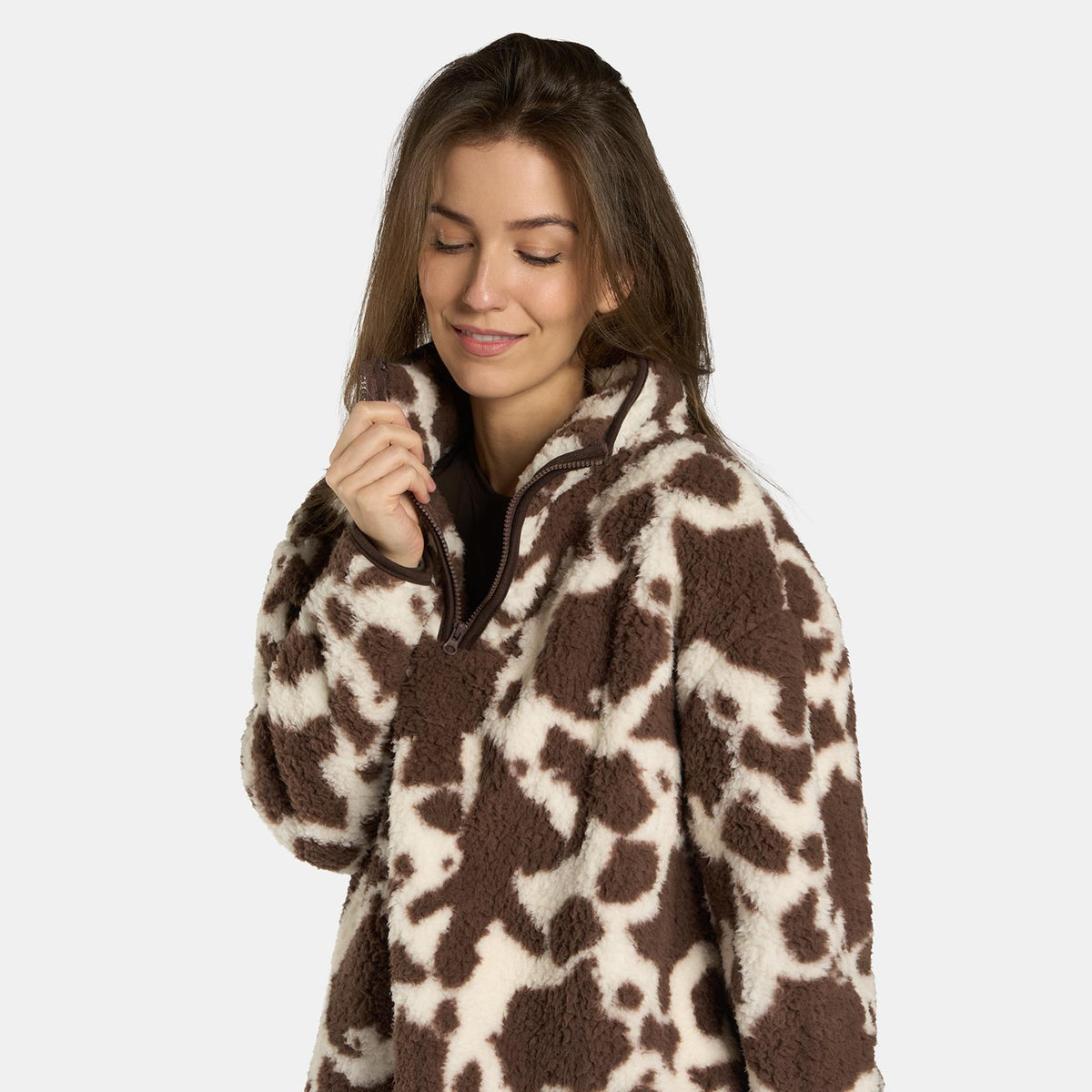 OHS Print Teddy Fleece Half Zip Jumper Womens Pullover Sweatshirt Long Sleeve
