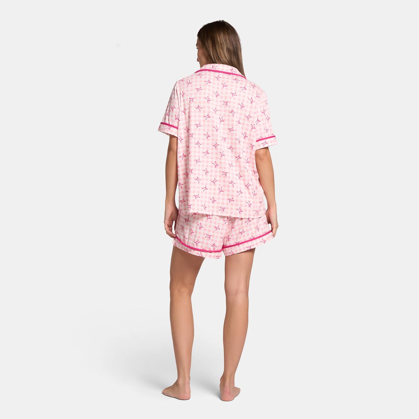 OHS Bows Short Pyjama Set Womens Jersey Button Through Soft Nightwear Loungewear