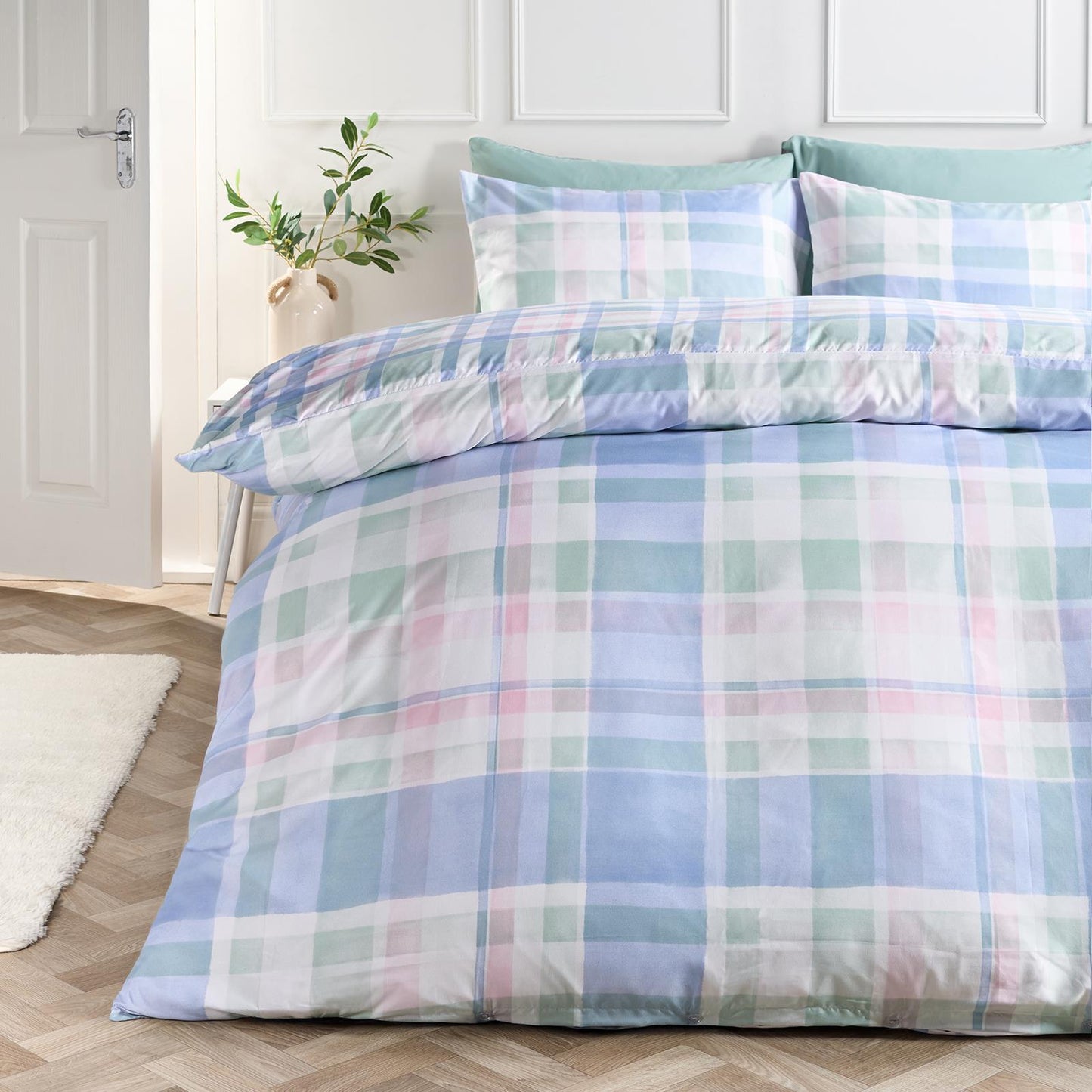 OHS Watercolour Bedding Set Check Microfibre Duvet Cover with Pillowcase
