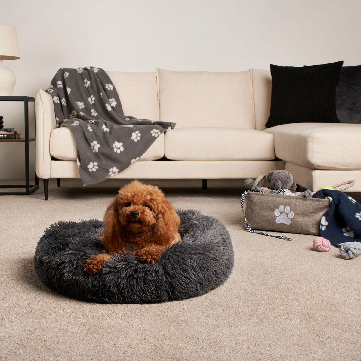 OHS Pet Bed Calming Fluffy Plush Fleece Dog Anti Anxiety Round Donut Washable