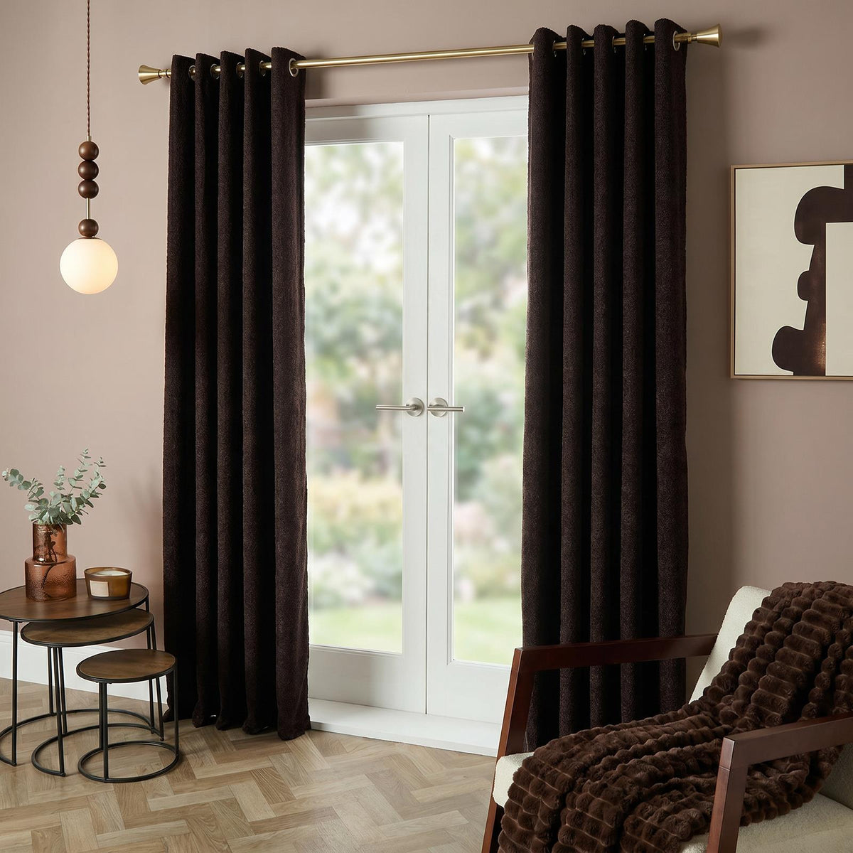 OHS Boucle Eyelet Curtains Blackout Pair Ready Made Ring Top Energy Saving