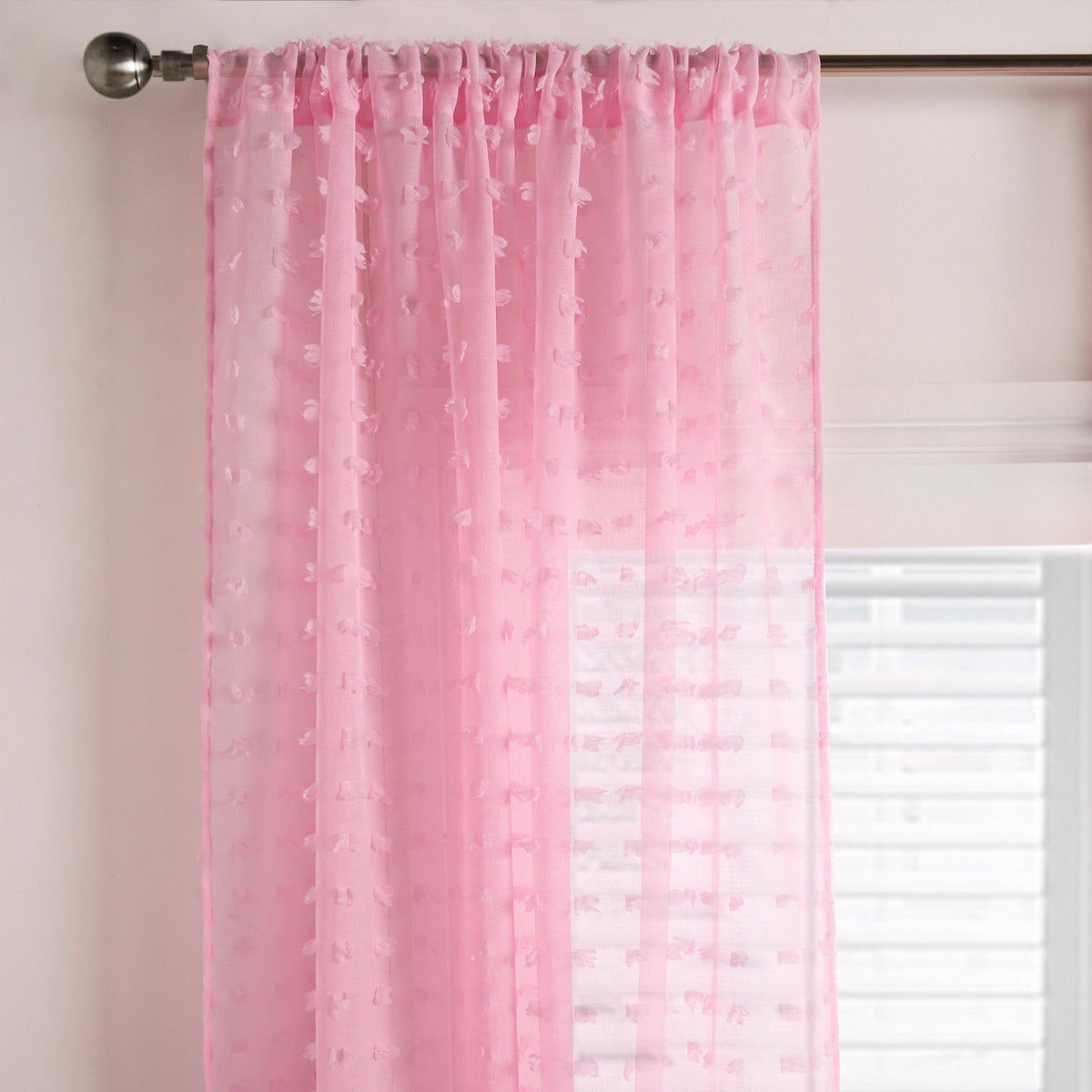 OHS Pompom Tufted Voile Net Curtains Pair 2 Window Panels Slot Top Set 55" Wide