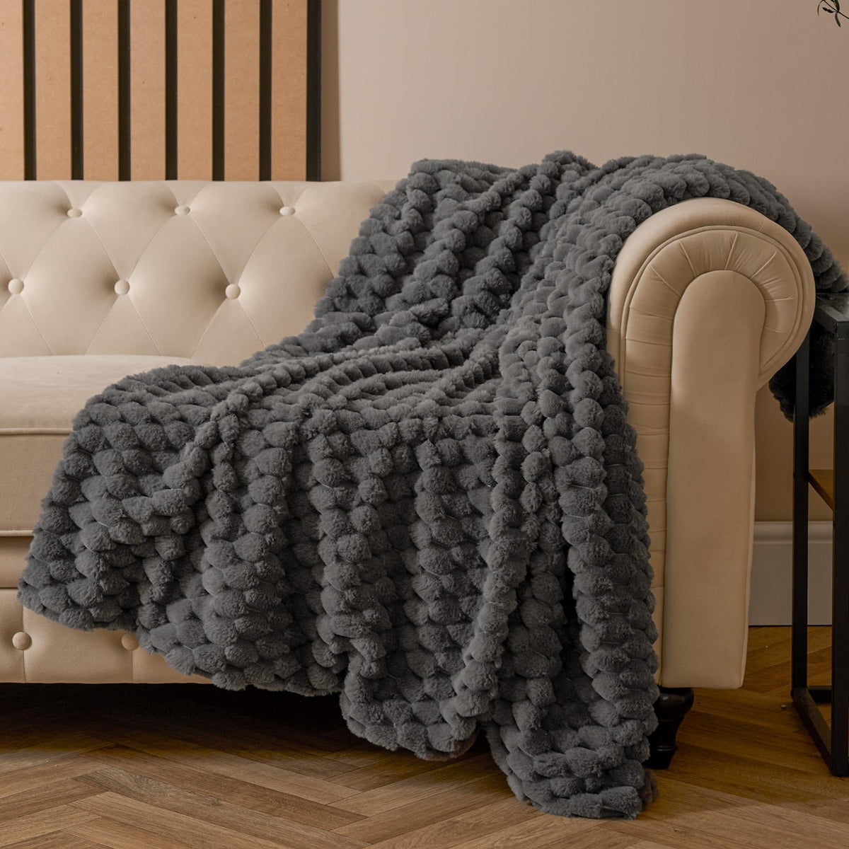 OHS Waffle Throw Bed Blanket Faux Fur Supersoft Warm Fleece Cosy Plush