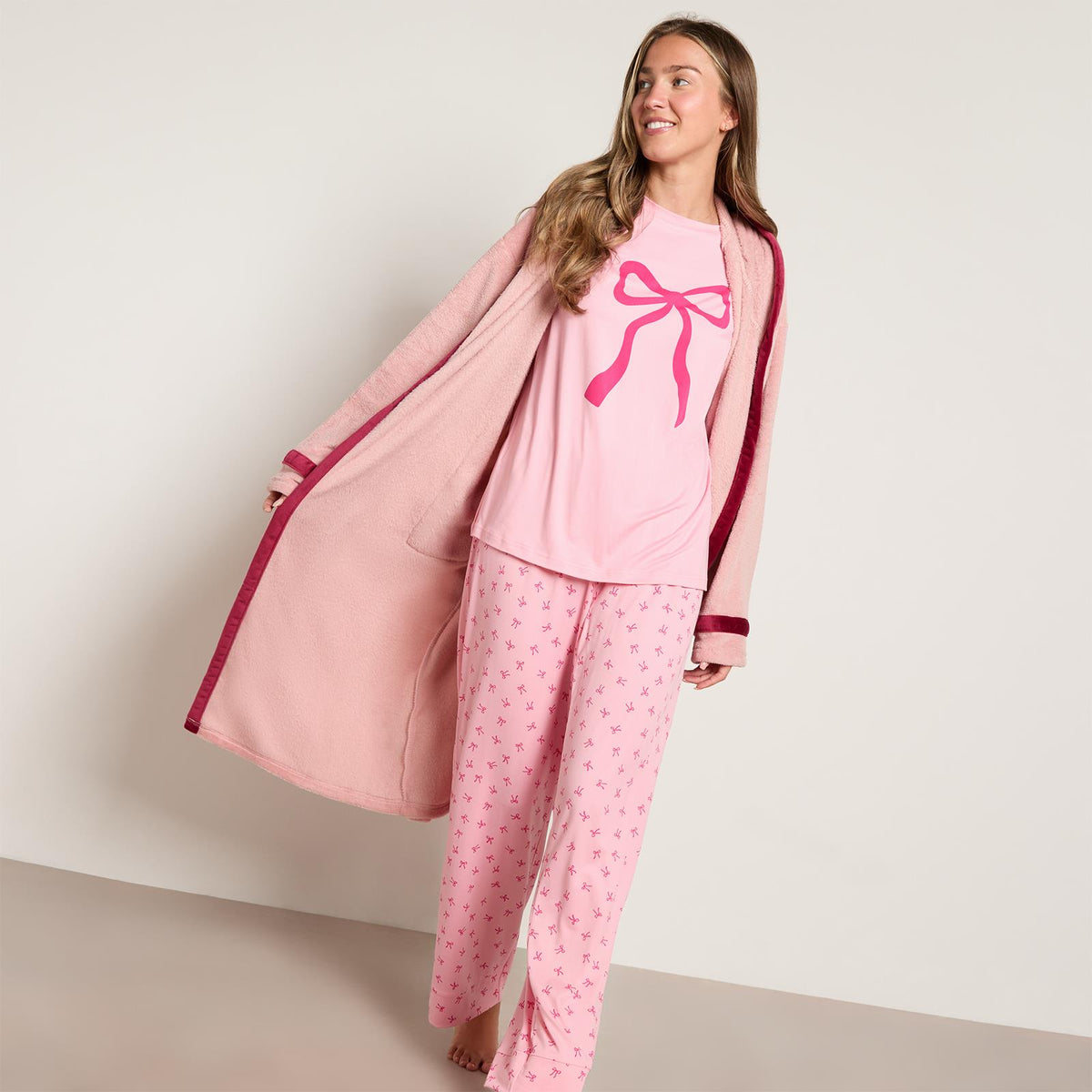 OHS Piped Edge Dressing Gown Flannel Fleece Winter Loungewear Hooded Bathrobe