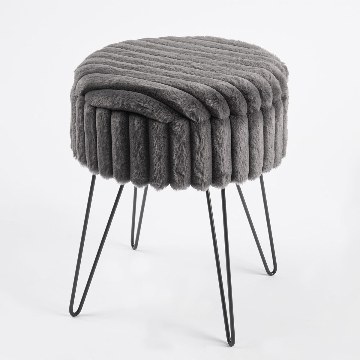 OHS Faux Fur Stool Hairpin Ribbed Fleece Round Vanity Seat Foot Rest Chair